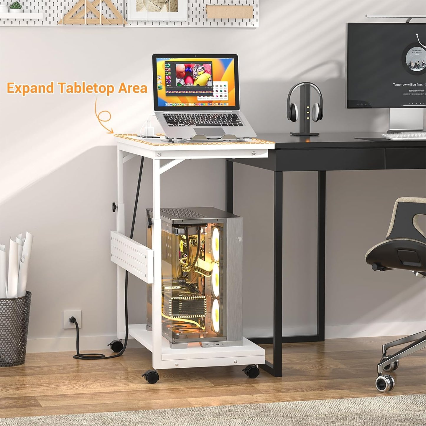 Computer Tower Stand with Power Strips, 4 Levels Manual Height Adjustable PC Tower Stand for Under Desk, Mobile Rolling CPU Holder, Computer Cart with Wheels, 24", Carbon Fiber White