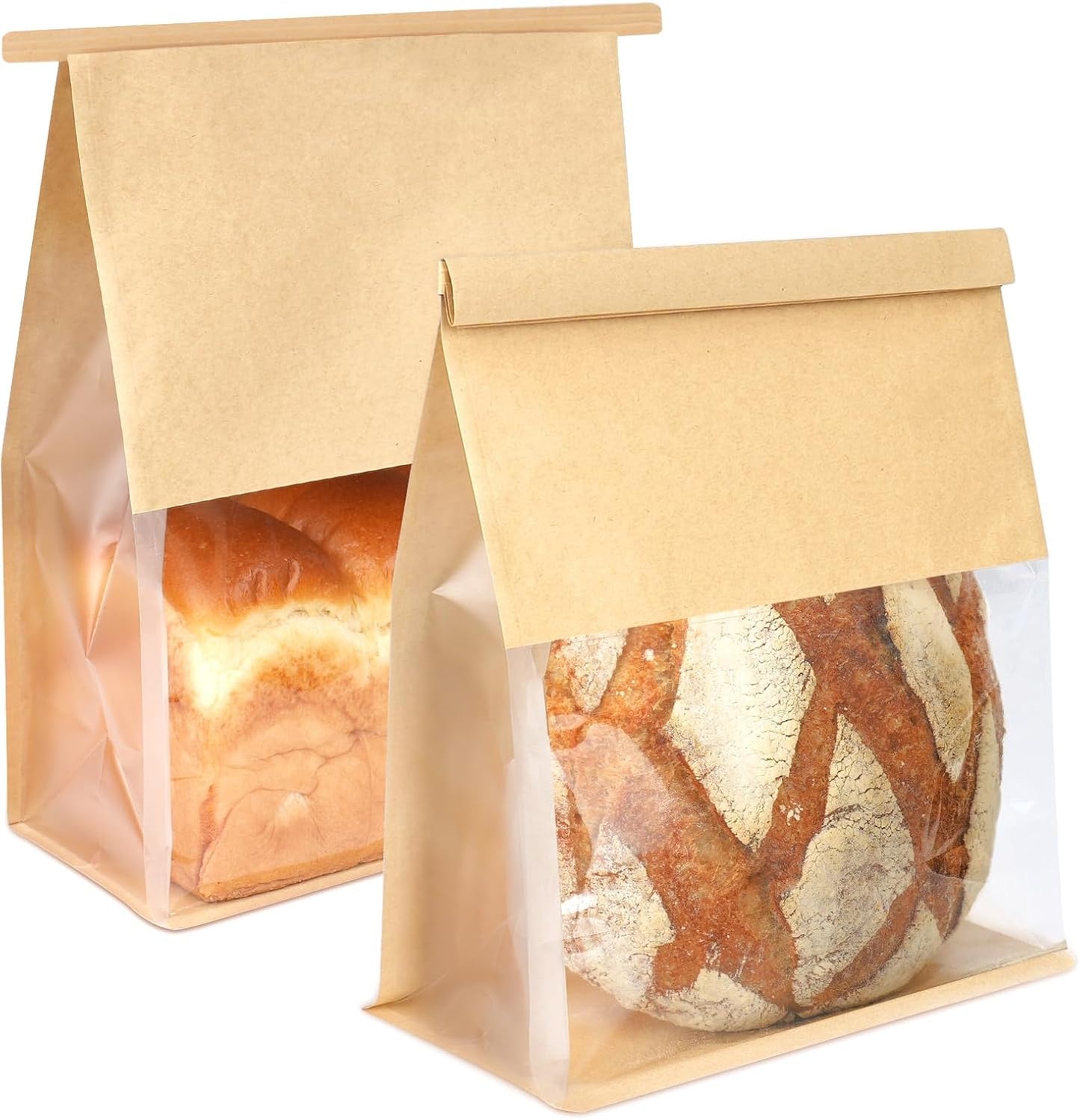 50 Pack Bread Bags for Homemade Sourdough Bread, 8.7x4.3x11 Inches Tin Tie Tab Lock Large Bakery Bag with Window Kraft Paper Loaf Packaging Bags for Gifting & Bake Sale