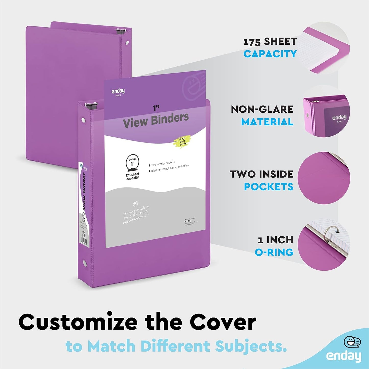 3 Ring Binder Purple, 1 Inch, 1” Clear View Cover with 2 Inside Pockets Round Ring Binder, Colored School Supplies Binders, Also Available in Pink, Blue, Grey, Green, and Red (6 PC) – by Enday