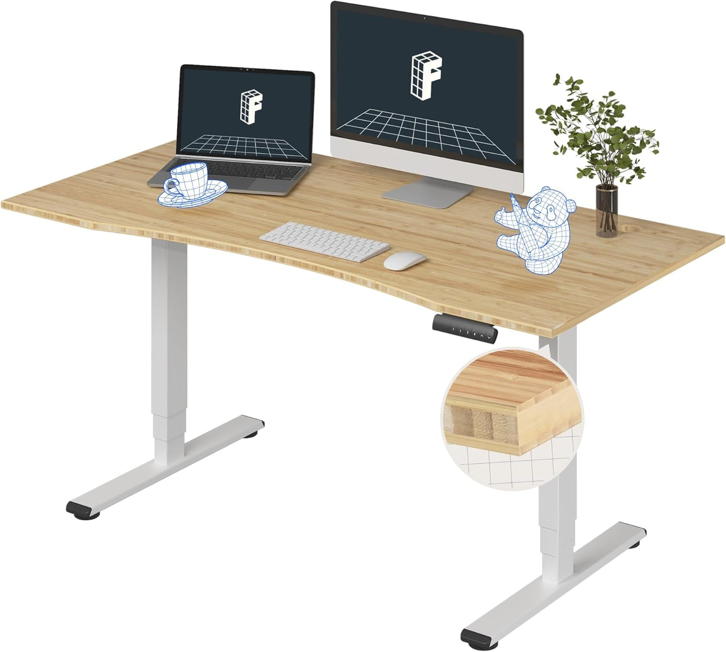 FLEXISPOT E6 Essential Bamboo 3 Stages Dual Motor 60x30 Inch Electric Height Adjustable Standing Whole-Piece Board Desk Sit Stand Up Desk (White Frame + Bamboo Curved Desktop)