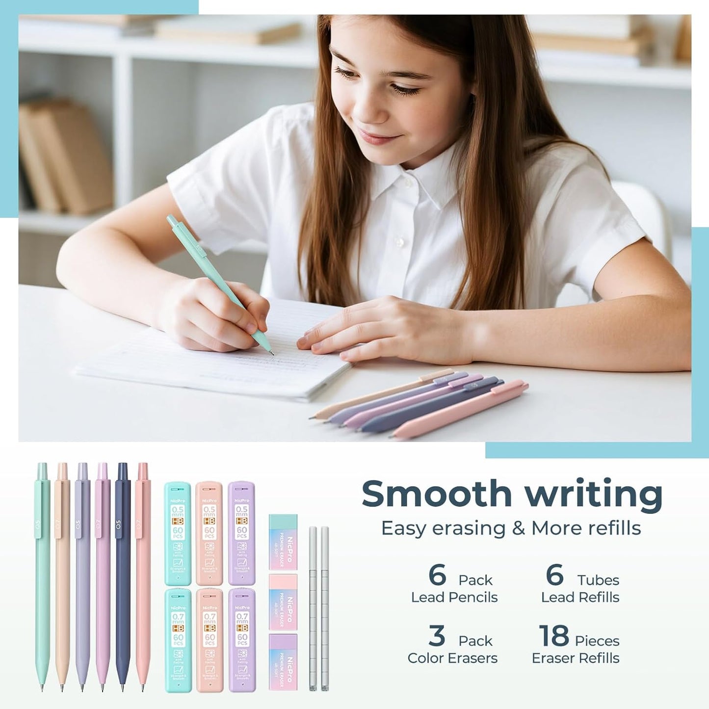 Nicpro 39 PCS Aesthetic School Supplies with Cute Pen Case, 12 Pastel Highlighters, 5 Black Ink Gel Pens, 6 Mechanical Pencils Set 0.5 & 0.7mm for Students Stationary College Essentials (Blue)