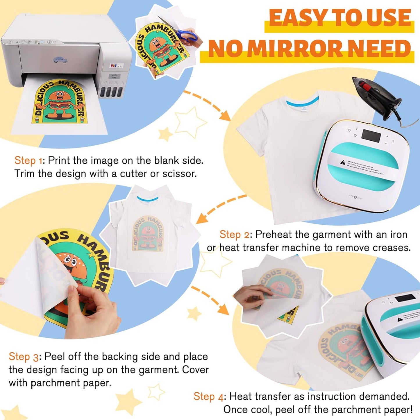 HTVRONT Heat Transfer Paper for T Shirts - 50 Pack Mixed Light & Dark Iron on Transfer Paper,8.5" x 11" Printable Heat Transfer Vinyl for Inkjet Printer, Durable & Easy to Use