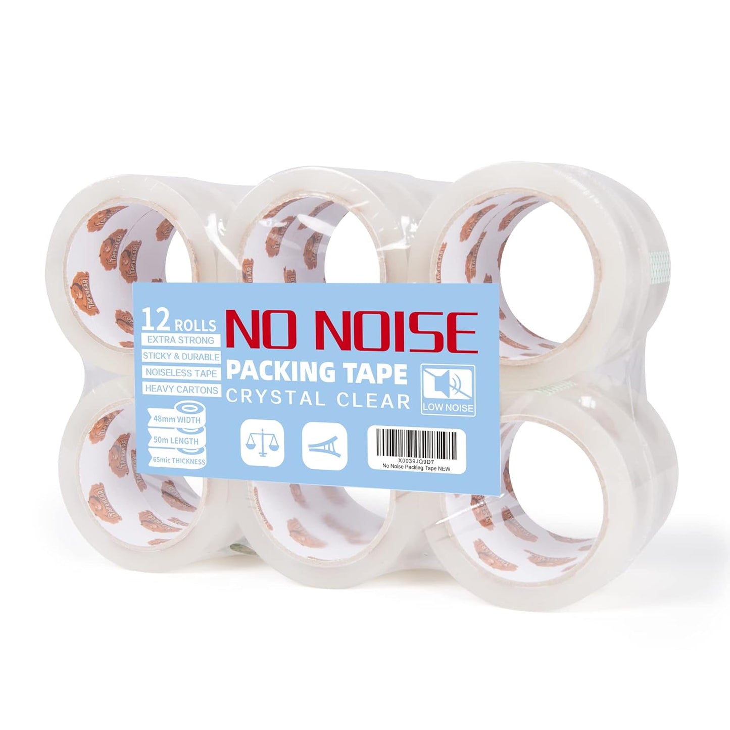 No Noise Clear Packing Tape, Quiet Packaging Tape Refill Rolls, 2.6mil x 1.88" x 55 Yards Heavy Duty Packing Tape for Sealing, Storage, Moving and Shipping, 12 Rolls, Total 660Yards