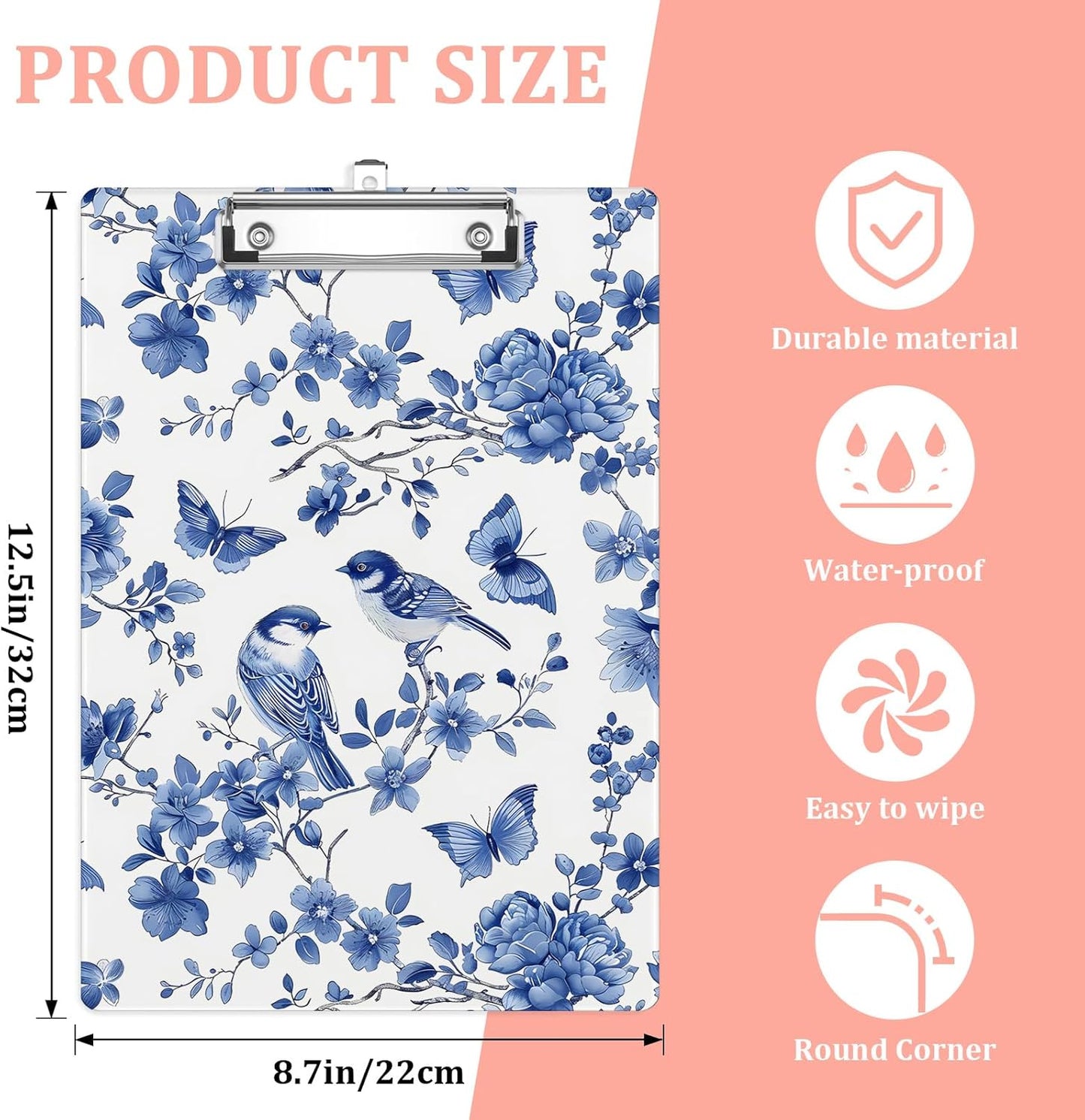 Vintage Blue Bird Flower Plastic Clipboards,Cute Fashion Clipboard Decorative 8.5" x 12.5"Standard A4 Size Clipboards,Acrylic Clipboard for Teacher,Social Worker,Students,Nurse,Office Supplies