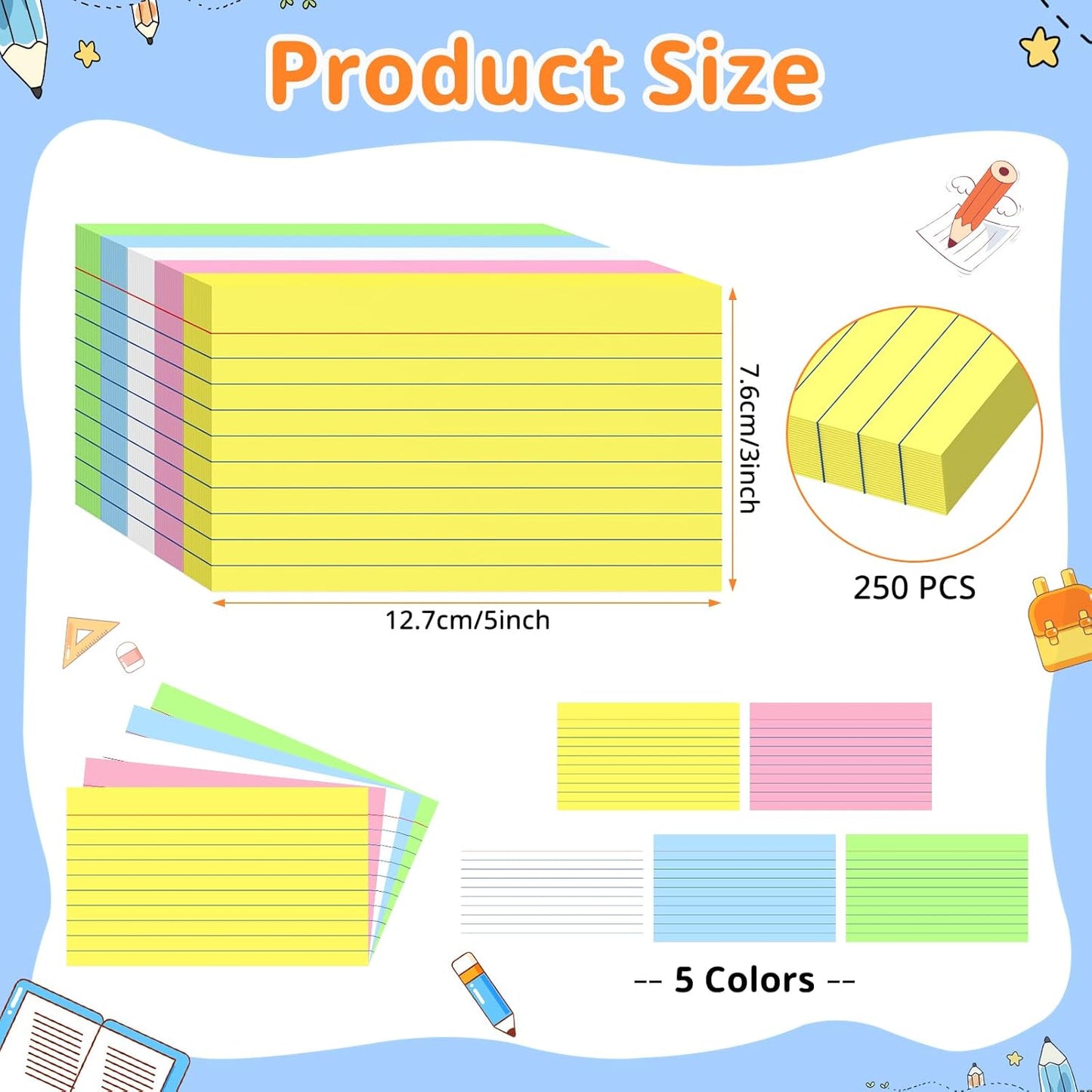 Index Cards 3 X 5, 250 Count, Colored Flash Cards For Studying, Lined Flashcards Notecards, Study Card, Ruled Front And Blank Back, Heavy Note Cards For Office, Home And School