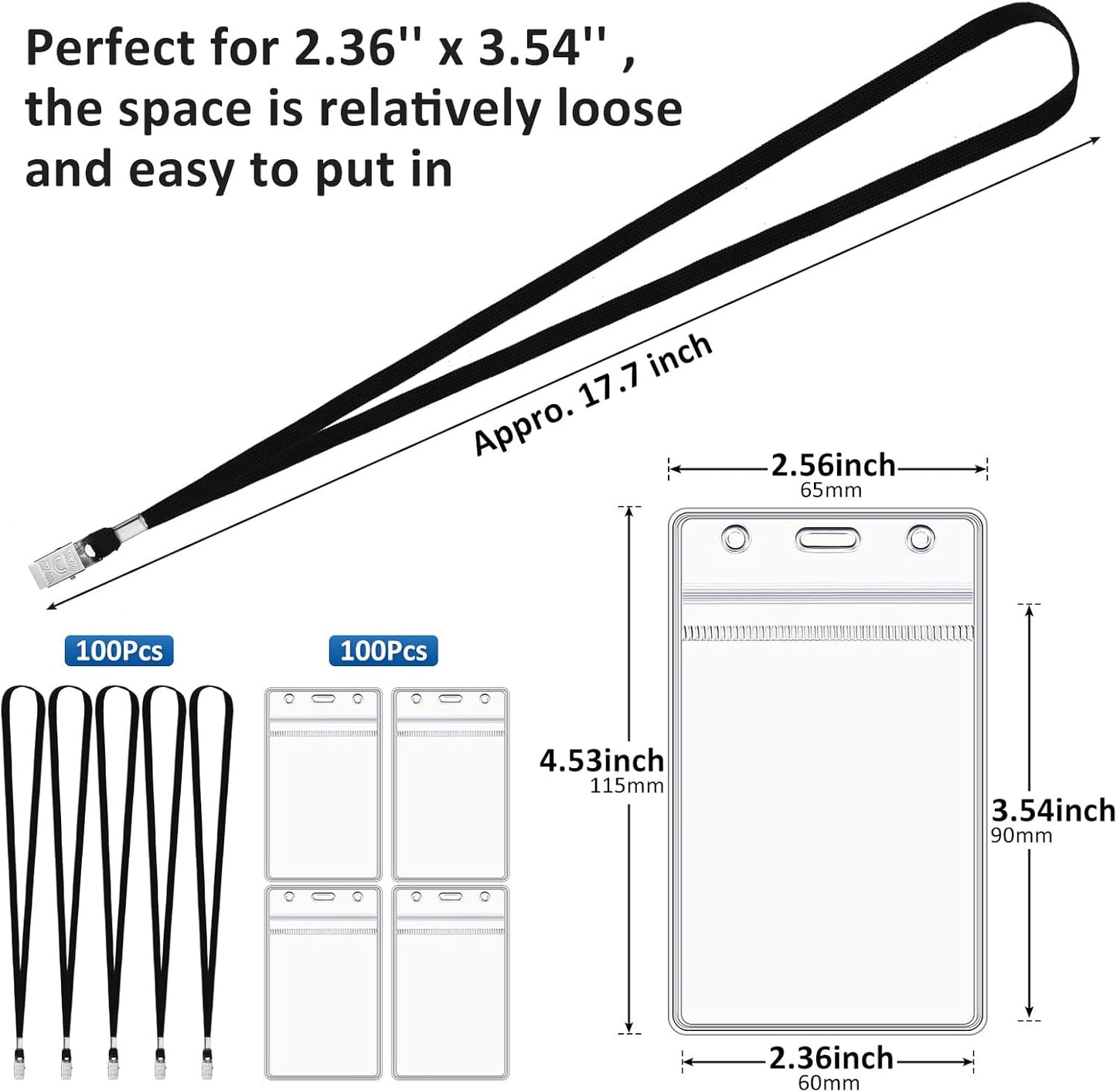Marspark 200 Pcs Name Tag Lanyards with ID Holder Lanyards for ID Badges Resealable Flat Neck Name Tag with Clip Waterproof Plastic Clear Badges Bulk for School Office Supplies (Black)