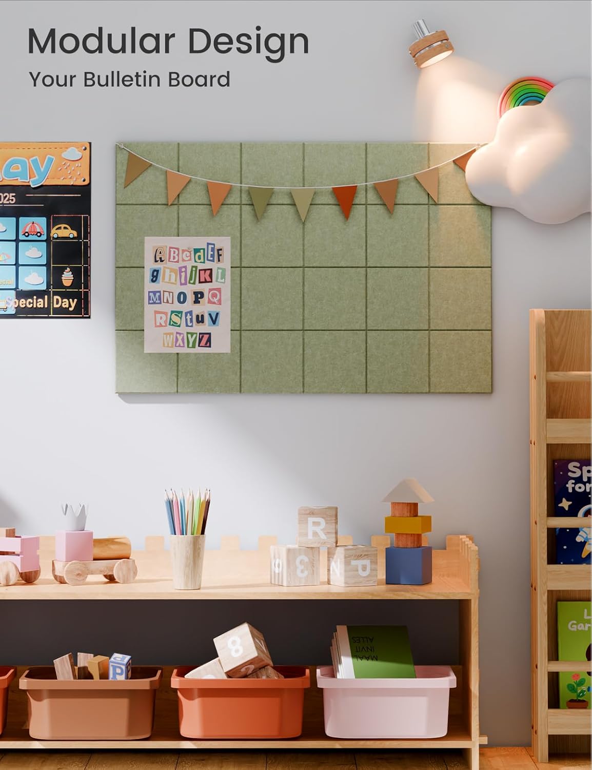 Felt Bulletin Board Tiles -28"x18" Cork Board Alternative for Office Decor, Push Pin Board Wall Organizer 6-Pack-Olive Green