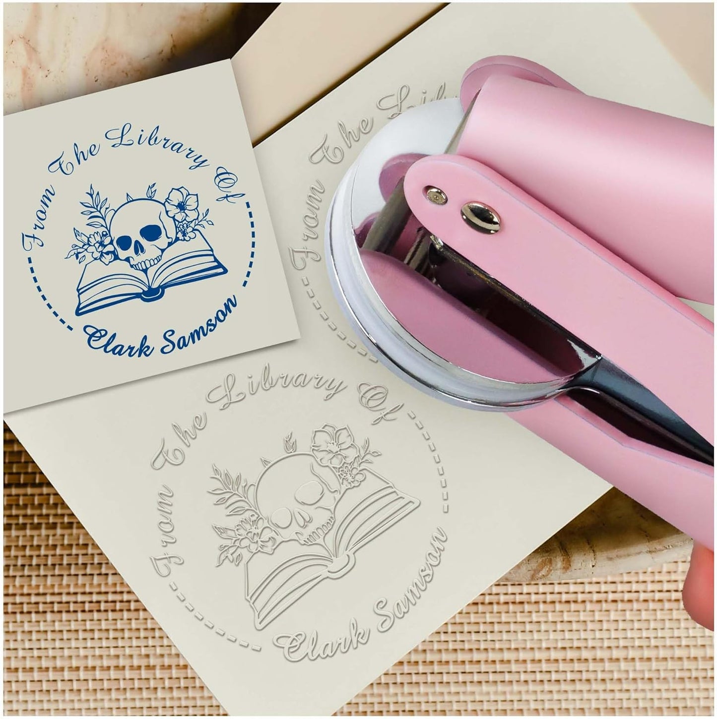 Skull Themed Library Book Embosser， Custom Book Business Card Paper Document Notebook, Self Inking Stamp，Book Lover Gifts，Christmas Gifts (Style06)