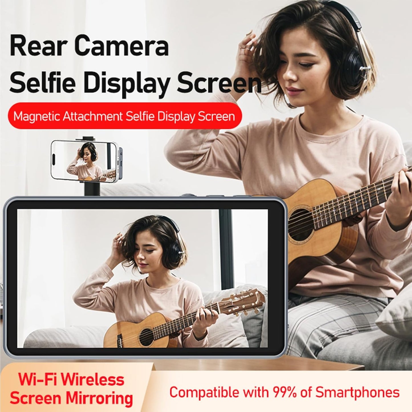 Magnetic Phone Vlog Selfie Monitor Screen for iPhone & Android, Wireless Screen Mirroring Connection with Bluetooth Remote, Using Phone Rear Camera for Selfie Vlog Live Stream TikTok YouTube White