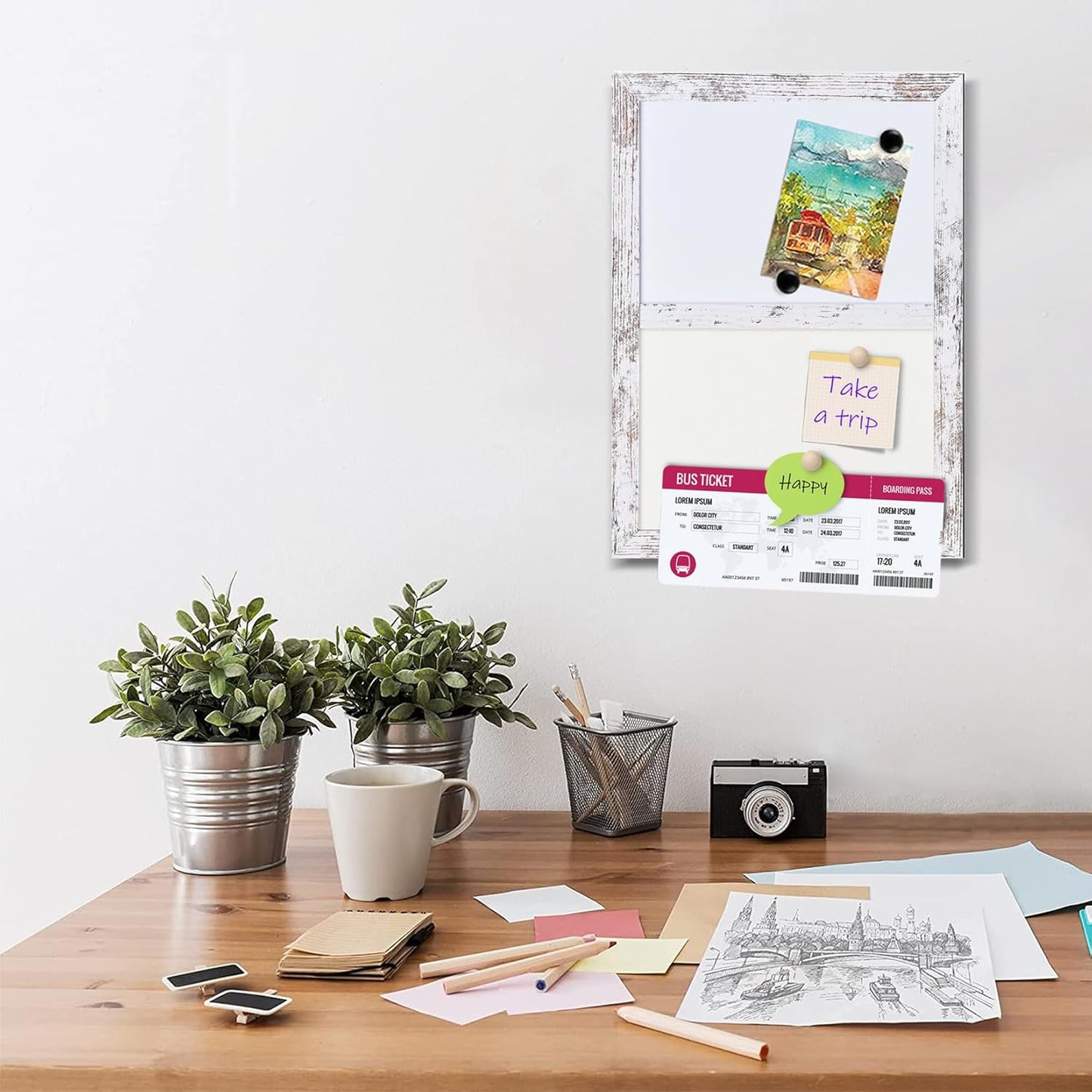 Bulletin Board Whiteboard White Felt Board Combo for Office School Kitchen Bedroom, White Wood Frame,10.2"*14.2",Whiteboard+WH-2636WH