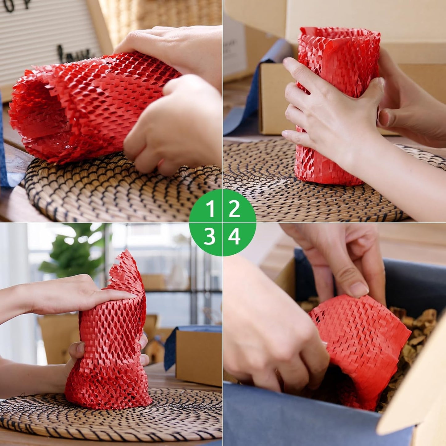 Honeycomb Packing Paper PINENUTS 15" x 131' Eco Friendly Packing Paper for Moving Recyclable Honeycomb Paper Bubble Paper Wrapping with 30 Fragile Sticker Labels and 66fthemp rope (Red)