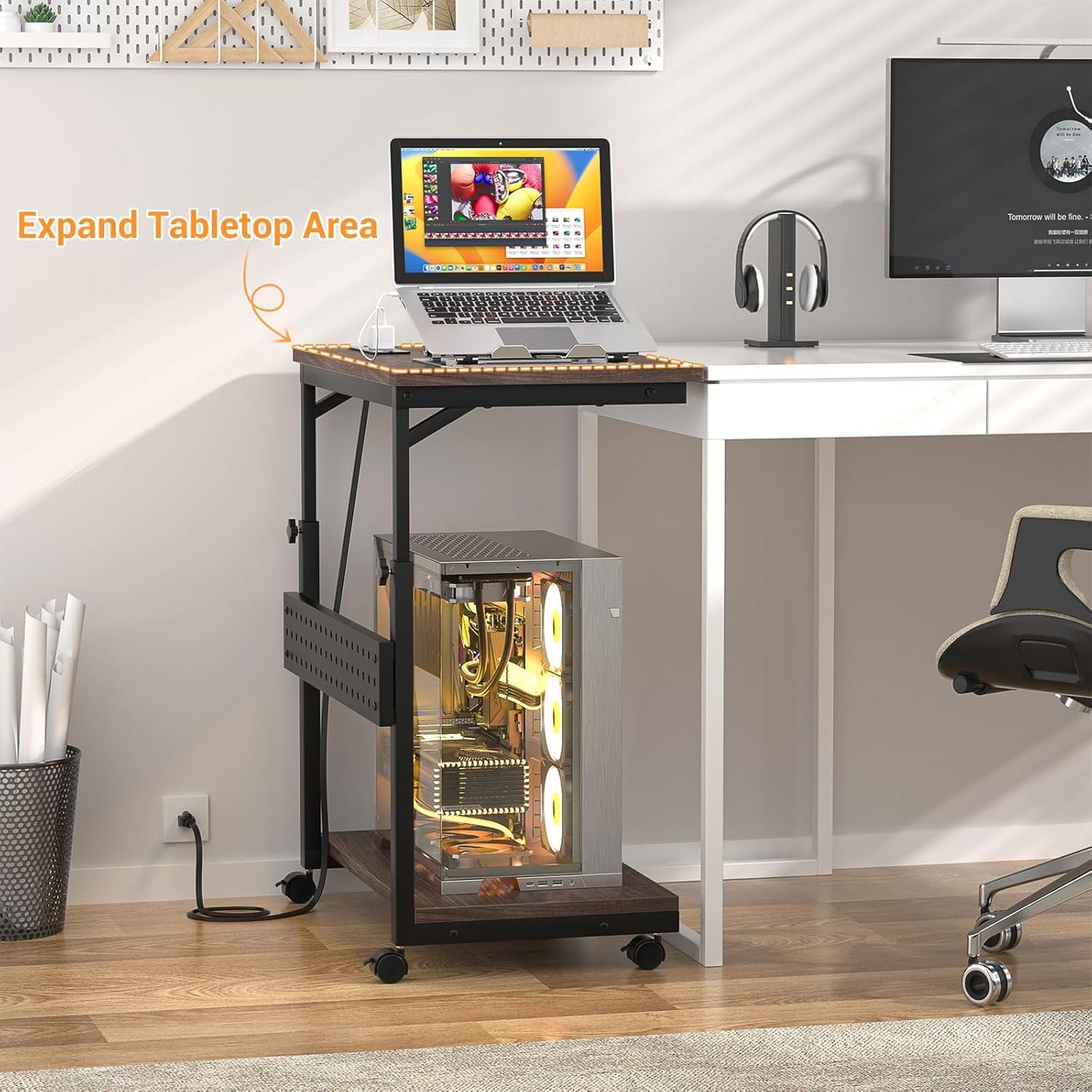 Computer Tower Stand with Power Strips, 4 Levels Manual Height Adjustable PC Tower Stand for Under Desk, Mobile Rolling CPU Holder, Computer Cart with Wheels, 24", Black Walnut
