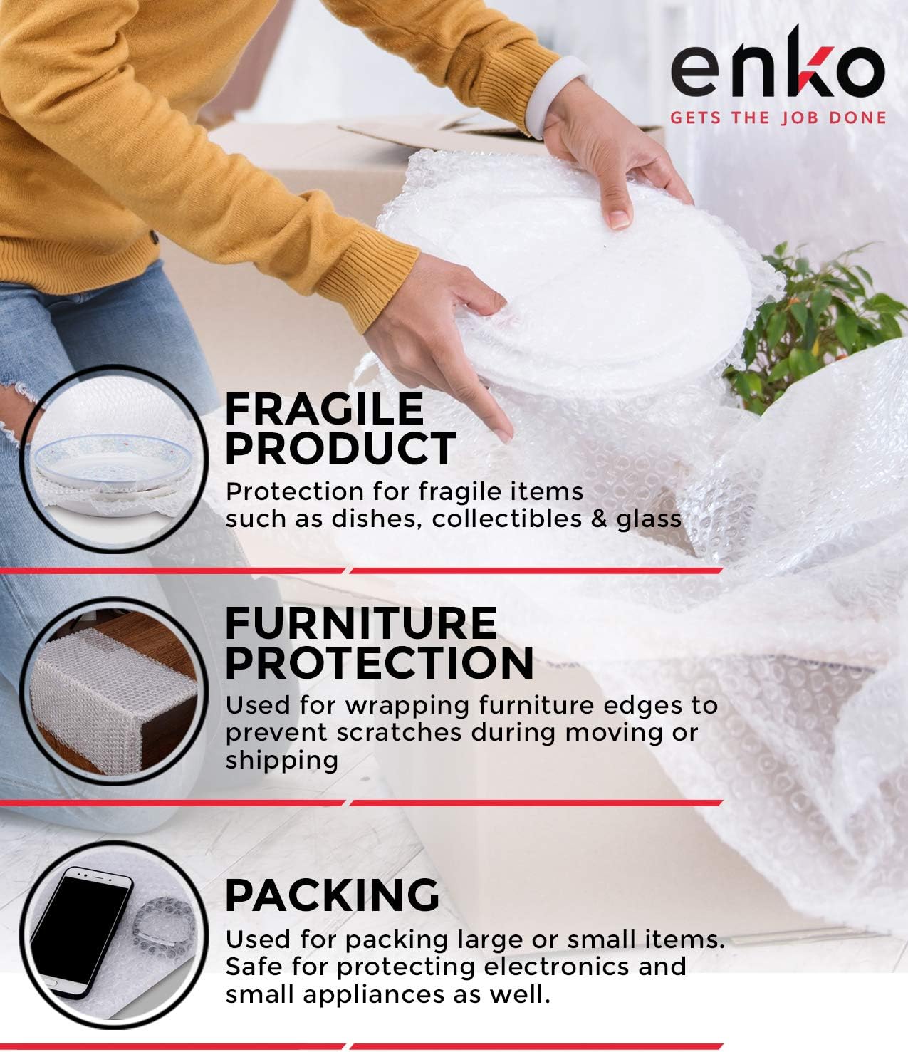 enKo (2 Pack) 12 inch x 72 feet Bubble Cushioning Wrap Roll Perforated 20 Fragile Sticker Labels for Moving Shipping Packing Boxes Supplies