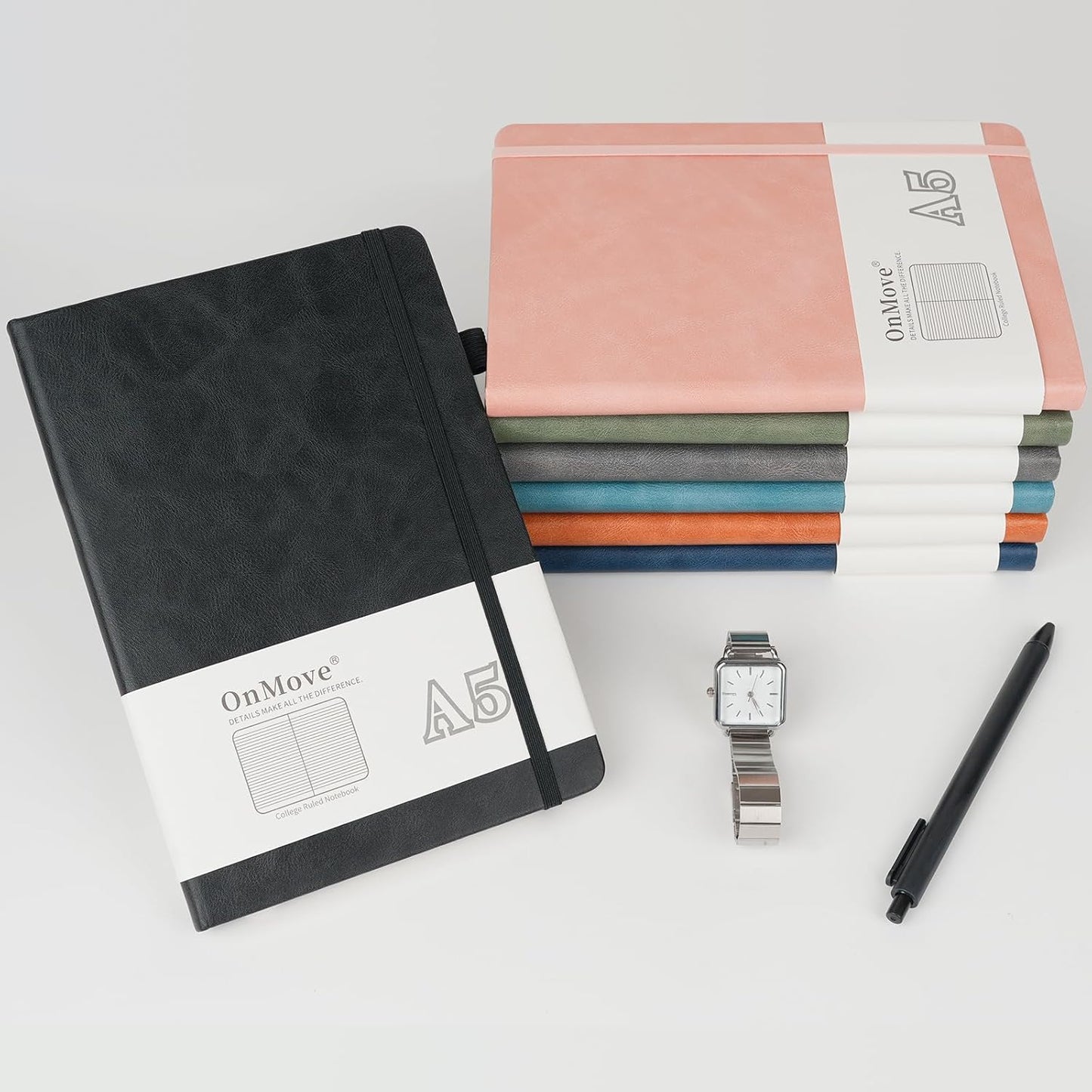 Notebooks Journal for Women Men 5 Pack Bulk Leather Hardcover with Pen Holder A5 160 Pages 100 GSM Thick Paper for Work School Lined Sky Blue