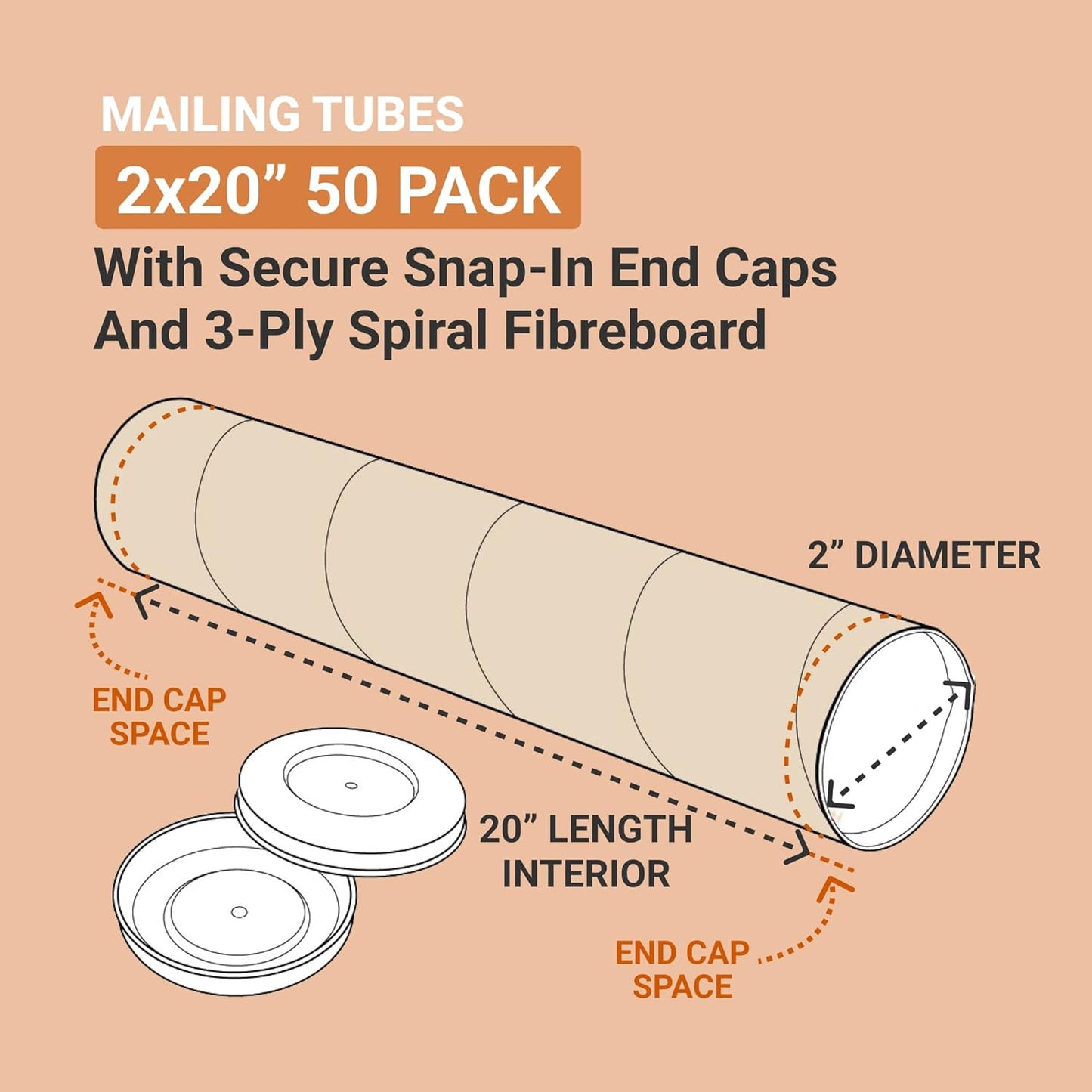 AVIDITI Cardboard Tubes with Caps, 20"L x 2"W x 2"H, Pack of 50 | Poster Tube for Mailing and Storage of Blueprints, Artwork, Crafts, Long Art Holder, 20 inches