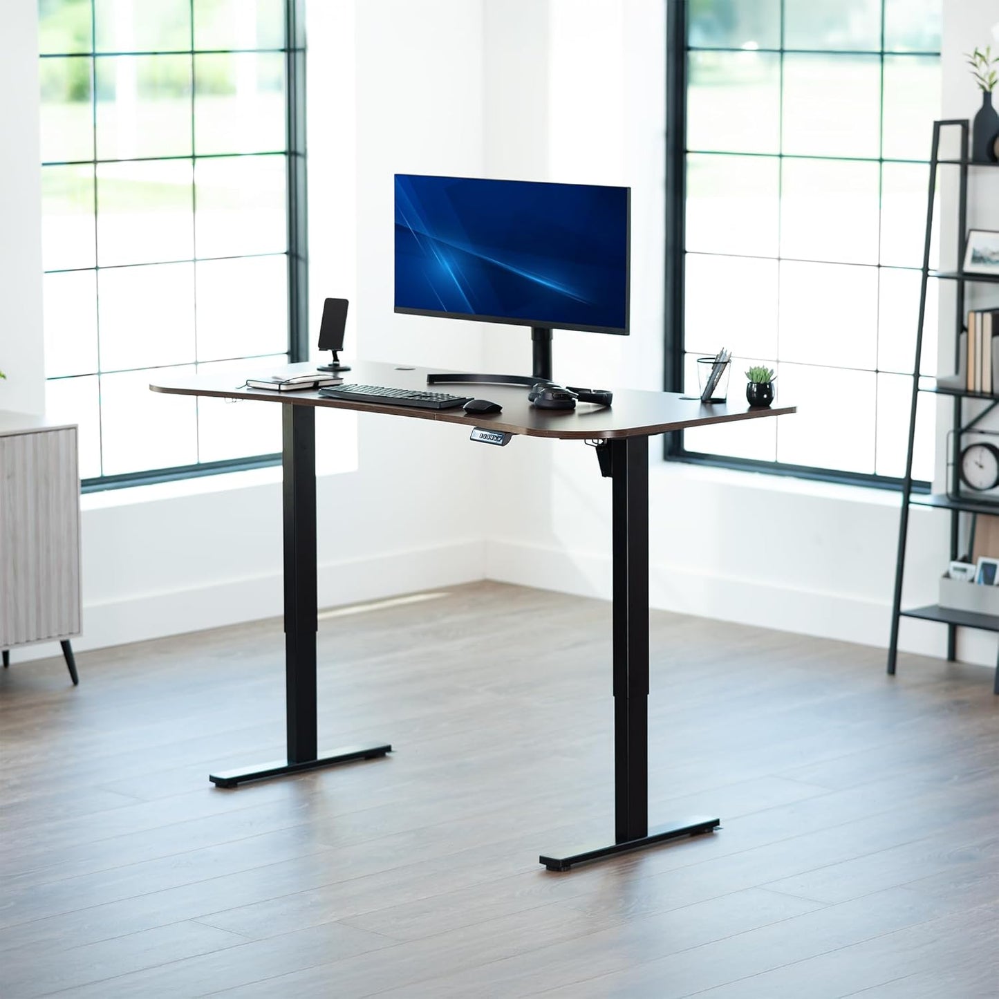 VIVO Electric 63 x 32 in Standing Desk, Memory Height Adjustment, 1B Series, Dark Walnut Top Black Frame, DESK-KIT-1B1D