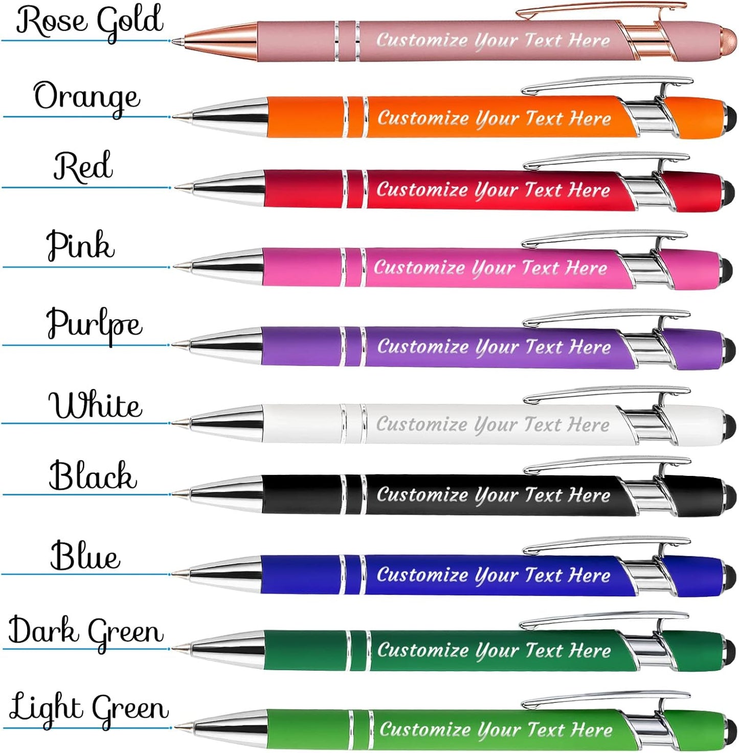Personalized Pens Bulk 200 with Name Custom Engraving Ballpoint Pens with Stylus Tip Customized Smooth Writing Pens Personalized Gifts for Anniversary Birthday or Graduation(Light Green,Black Ink)