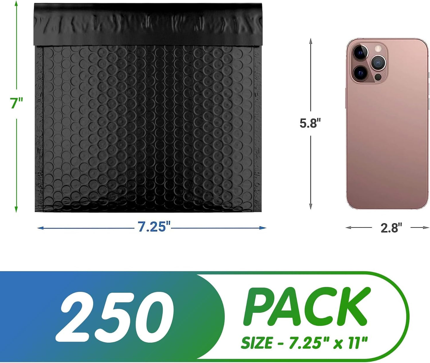 Matte Black Poly Bubble Mailers Self Seal, 7.25 x 7 Inch. Pack of 250 Bubble Packaging Envelopes for Shipping. Durable Padded Envelopes Waterproof. Self Seal Padded Mailers. Shipping Packages