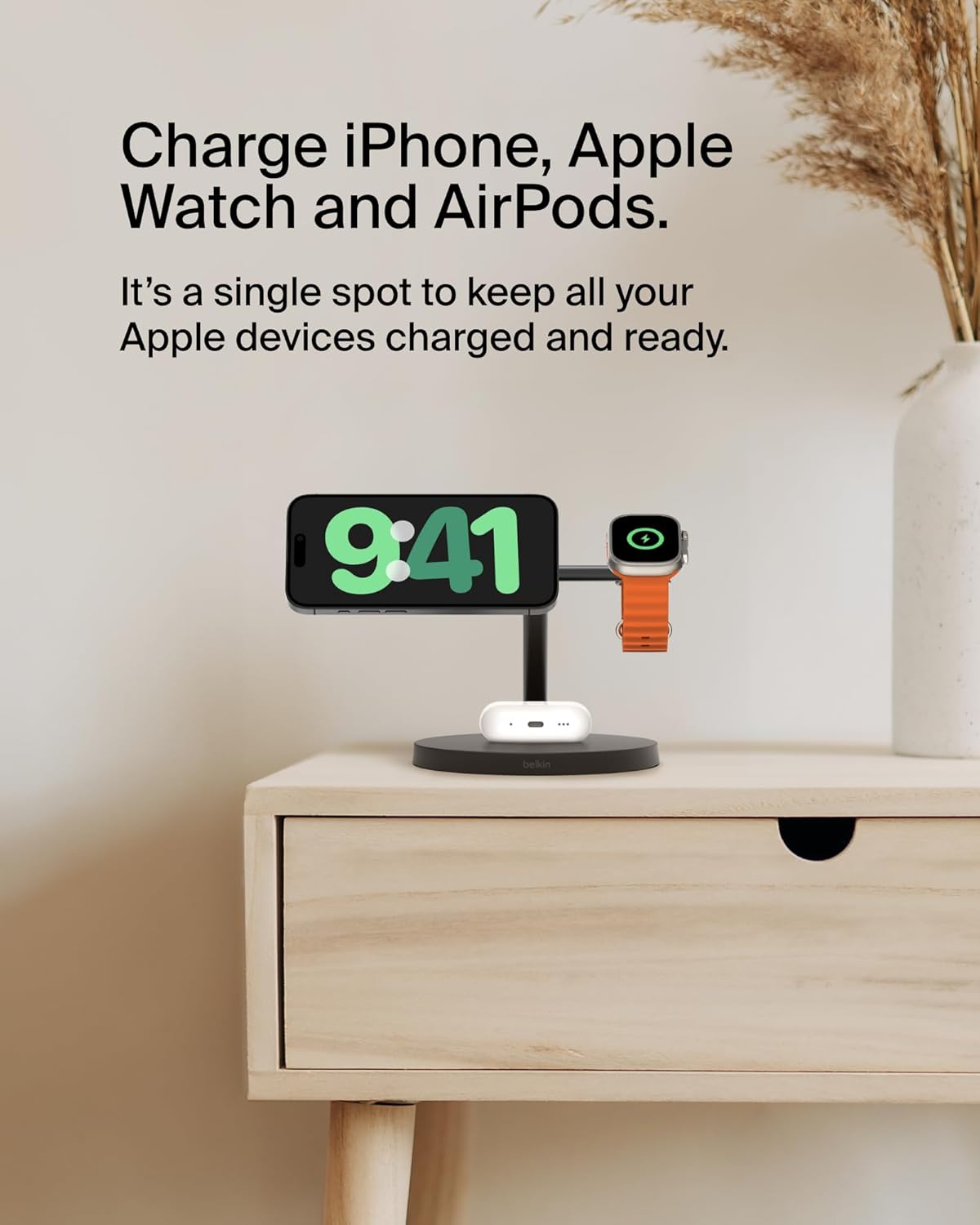 Belkin MagSafe-Compatible Charger, 3-in-1 Wireless Charging Station, Qi2-Certified 15W Wireless Charge for Apple iPhone 16 Series, Apple Watch, AirPods w/Non-Slip Base, 40W Included - Black