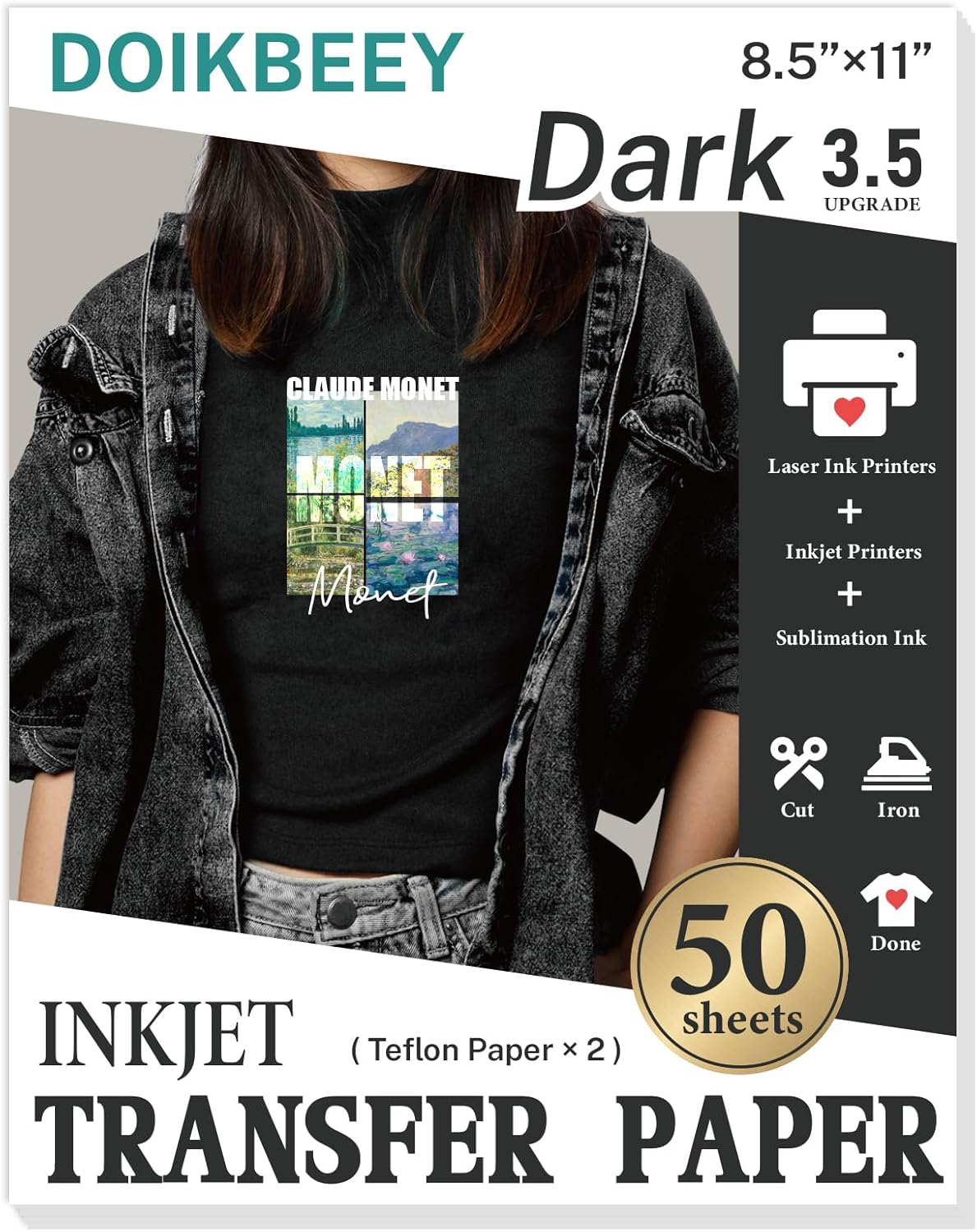 DOIKBEEY Upgraded Version 3.5 Heat Transfer Paper for T Shirts 50 Sheets, 8.5" X 11" Printable Heat Transfer Vinyl, Vivid Color & Durable Iron on Transfer Paper for Dark Fabric
