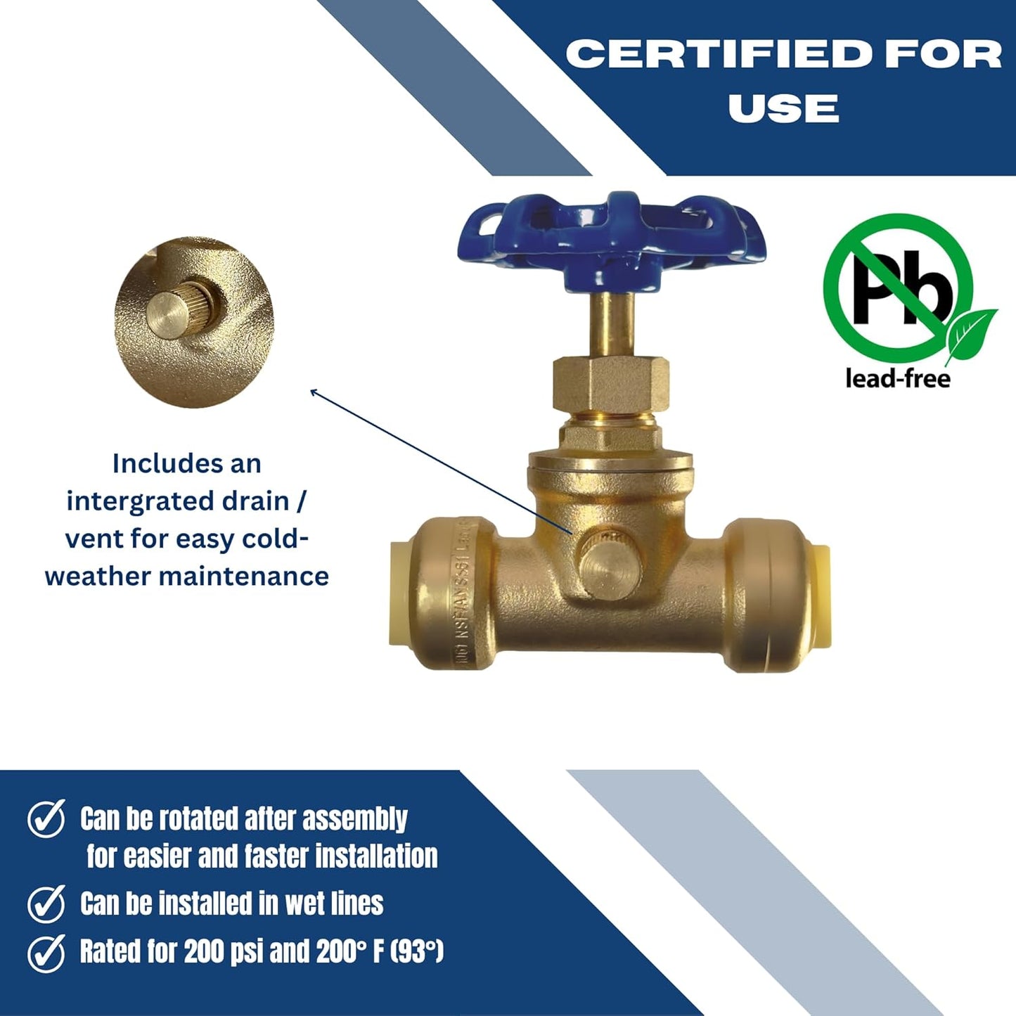 1/2 inch Push Fit Stop Valve with Drain and Vent, Push to Connect Brass Plumbing Fitting, Pex Pipe, Copper, CPVC, PE-RT, HDPE, 2-5-1=5, 5 Pieces