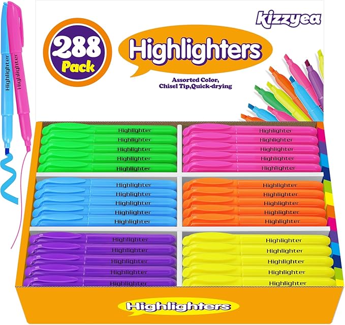 KIZZYEA 288 Pack Highlighters in 6 Assorted Colors, Chisel Tip Dry-Quickly by KIZZYEA