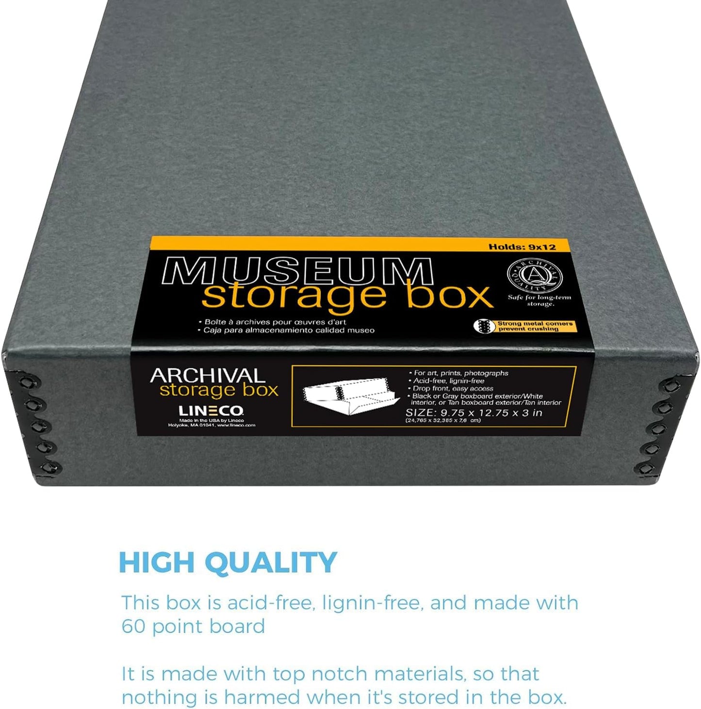 Lineco Museum Archival Storage Box, 9.75x12.75x3 in. Drop Front Design. Acid-Free with Metal Edge. Organize Photos, Pictures, Prints, Documents, Crafts, DIY. Gray, 2 Pack