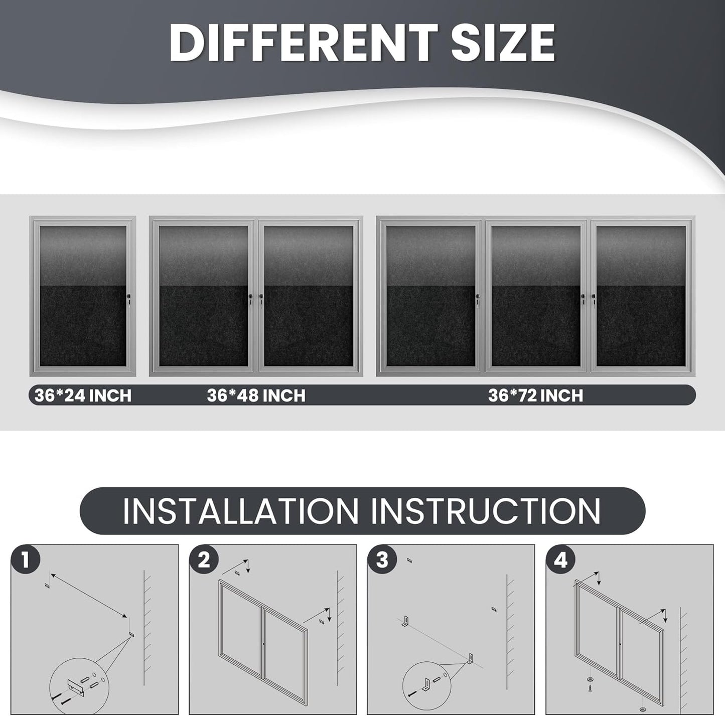 48"x36" Lockable Enclosed Bulletin Board, Outdoor Flet Weather-Resistant Aluminum Frame Notice Board, Wall Mounted Display Case Acrylic Doors for School,Office,Silver Frame w/Black Flet