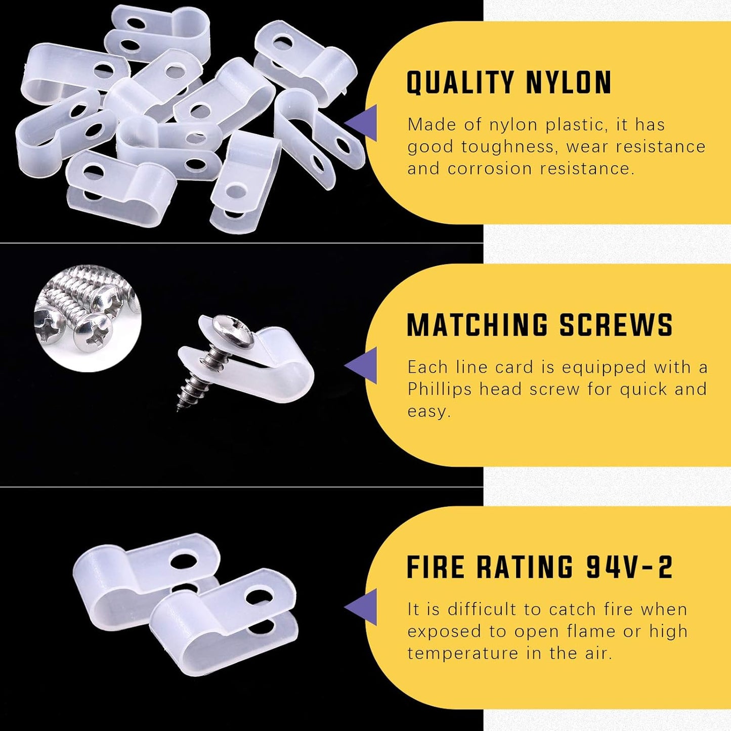 Swpeet 60 Pack White 1/4" Nylon Plastic R-Type Cable Clips Clamp Kit, Nylon Screw Mounting Cord Fastener Clips with 60 Pack Screws for Wire Management