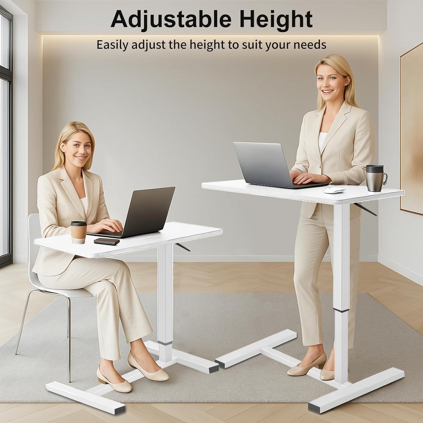 Erinaik Overbed Table with Swivel Hidden Wheels Adjustable Height, Pneumatic Mobile Laptop Bedside Table, Over The Bed Table for Hospital, Office, Home, Study Use
