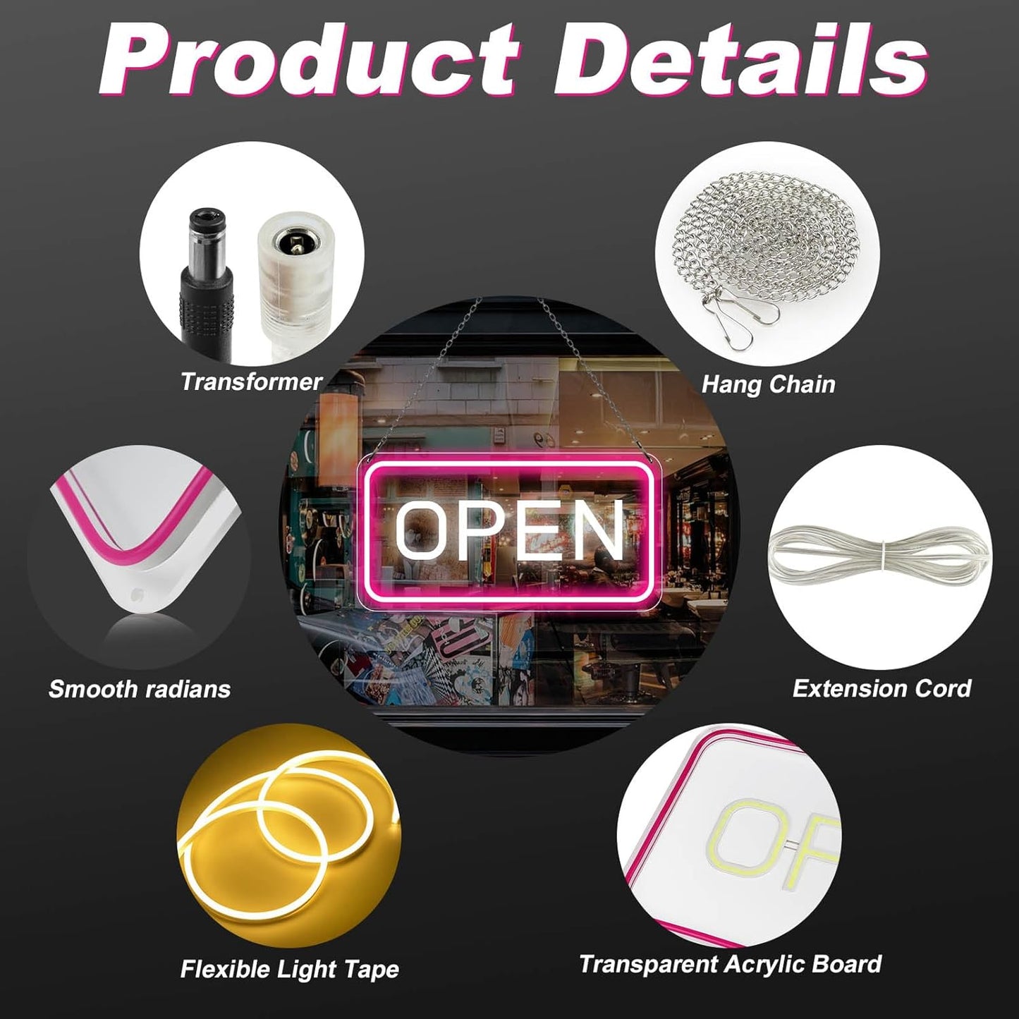 Neon Open Sign - 16''x 9'' LED Sign, Super Bright Pink & White Neon Light, ON/OFF Switch & Adapter, Perfect for Window, Party, Wall, Door, Coffee, Salon, Club, Hotel