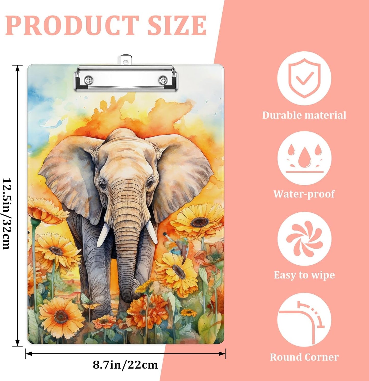 African Elephant Plastic Clipboards,Cute Fashion Sunflower Clipboard Decorative 8.5" x 12.5"Standard A4 Size Clipboards,Acrylic Clipboard for Teacher,Social Worker,Students,Nurse,Office Supplies
