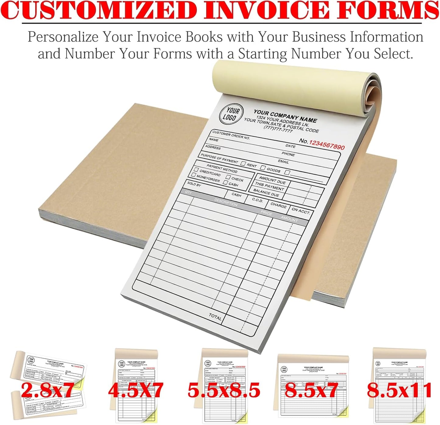 Custom Invoice Book for Small Business,4.5 x7 Inches Invoice Receipt Book, 2-Part Carbonless Forms, Personalized Company Name, Address, Phone Number