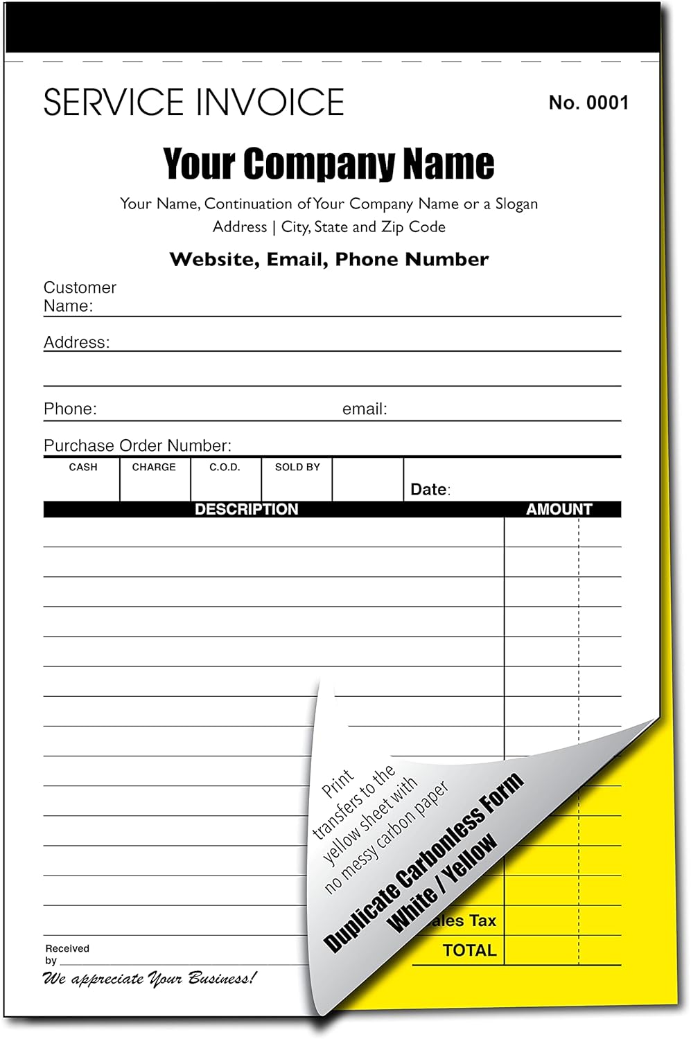 Custom Service Invoice Carbonless Form with Your Company Name - 2 Books (100 Sets) Numbered