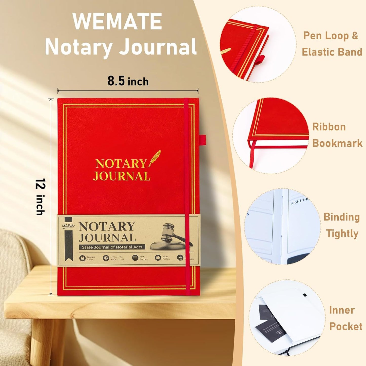 WEMATE Notary Journal Log Book with 480 Record Entries, 12″x8.5″ Hardcover Notary Book - 120gsm Thick Paper, Notary Supplies with 160 Numbered Pages, Large Capacity for Notarial Records (Red)