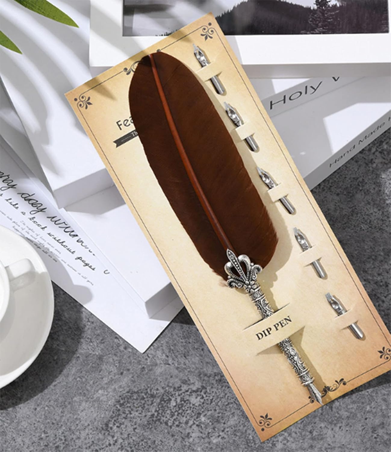 Gullor Calligraphy Feather Quill Pen and 5 Calligraphy Nibs for Beginners Kids Calligraphy Writing Quill Dip Pen Set, Brown