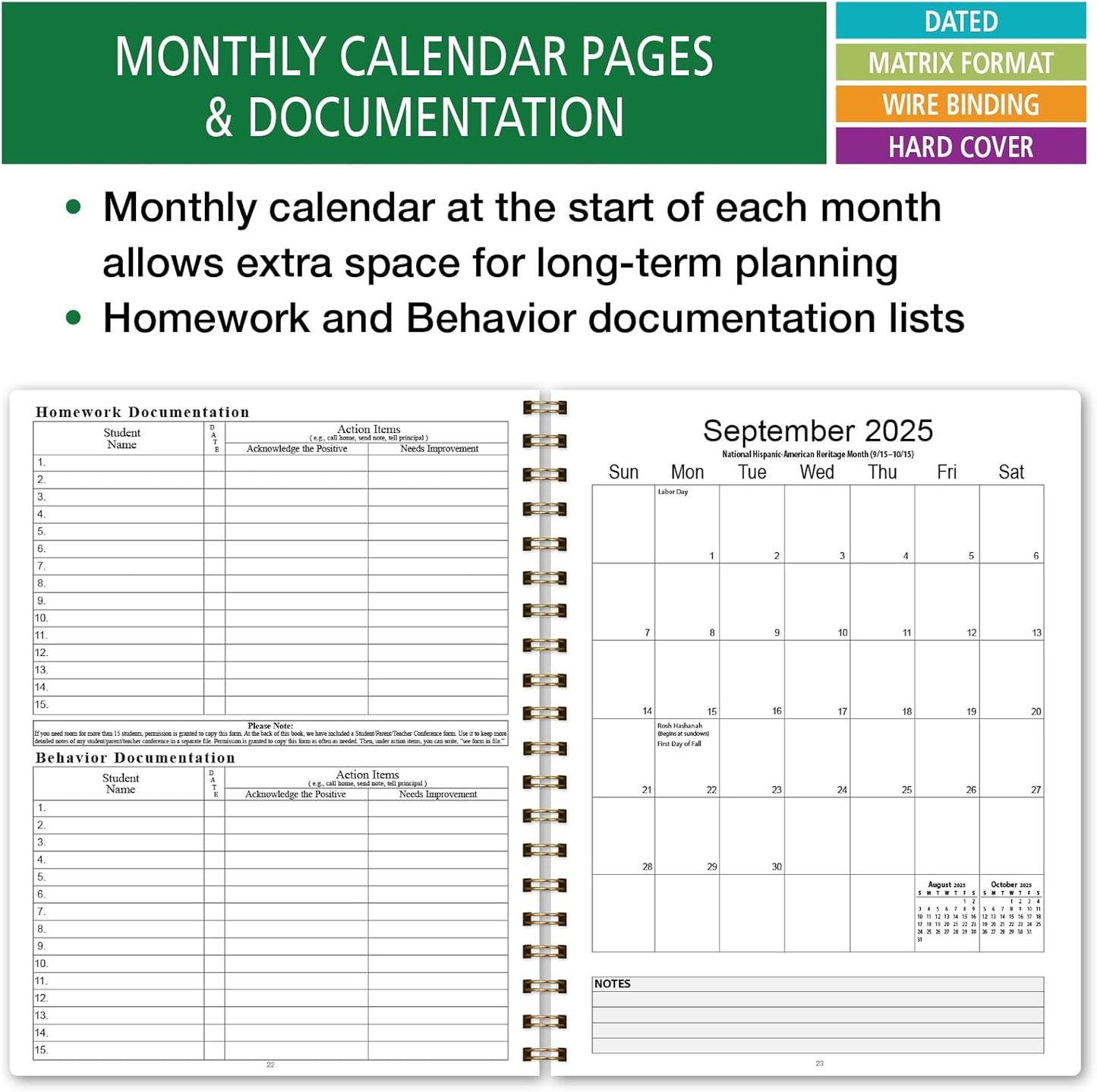 Elan Publishing Company HARDCOVER 7 Period Dated Teacher Lesson Plan; Days Horizontally Across The Top Dated for 2025-2026 Academic Year with Bonus Clip-in Bookmark (Rainbow Gold Marble)