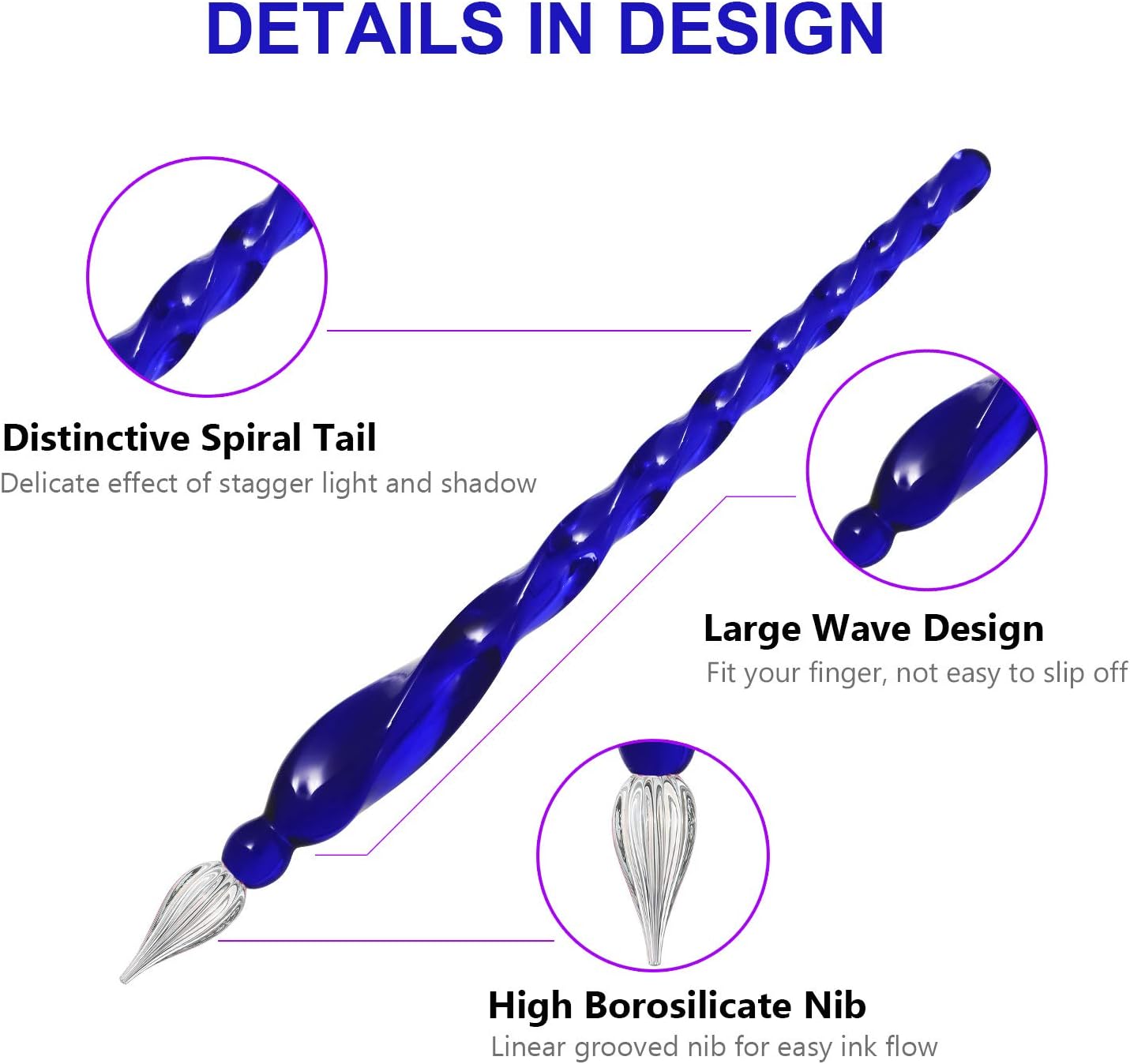 ESSSHOP Glass Pen Calligraphy Set - 3 Blue Crystal Dip Pens Color Ink and Pen Holder Art Supplies Kit for Signatures Beginners Journaling Lettering Drawing Holiday Gift Decoration