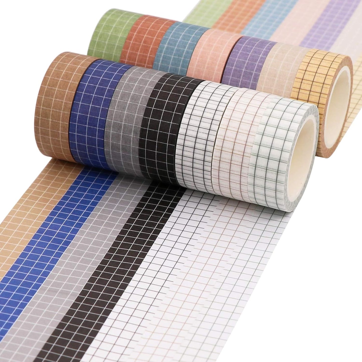 Knaid Grid Washi Tape Set, 14 Rolls of 15 mm Wide Decorative Colored Masking Tapes for Scrapbooking, DIY Decor and Crafts, Bullet Journals, Planners, Junk Journal, Gift Wrapping