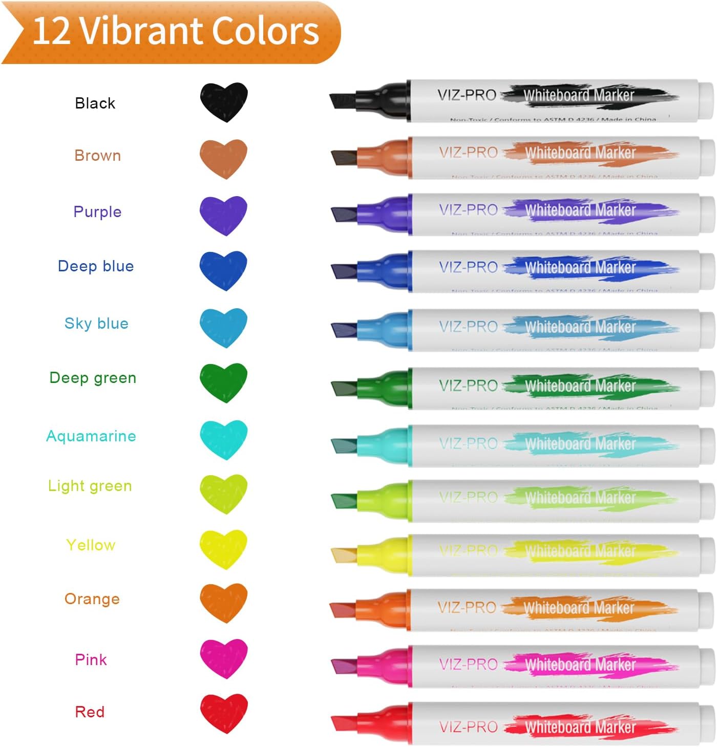 VIZ-PRO Dry Erase Markers, Chisel Tip, Assorted Colors, 12-Count Low-Odor Whiteboard Pens
