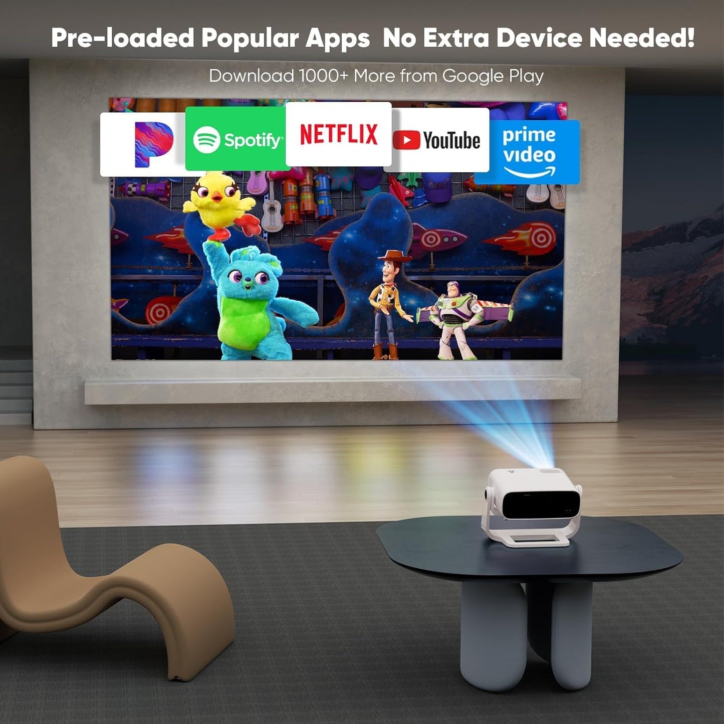 Smart Projector with WiFi 6 and Bluetooth Built-in Apps - 4K Support Portable Mini Projector Native 1080P , 2025 New Auto Keystone & Zoom Home Theater Cinema Movie Proyector, 120° Stand, Grey
