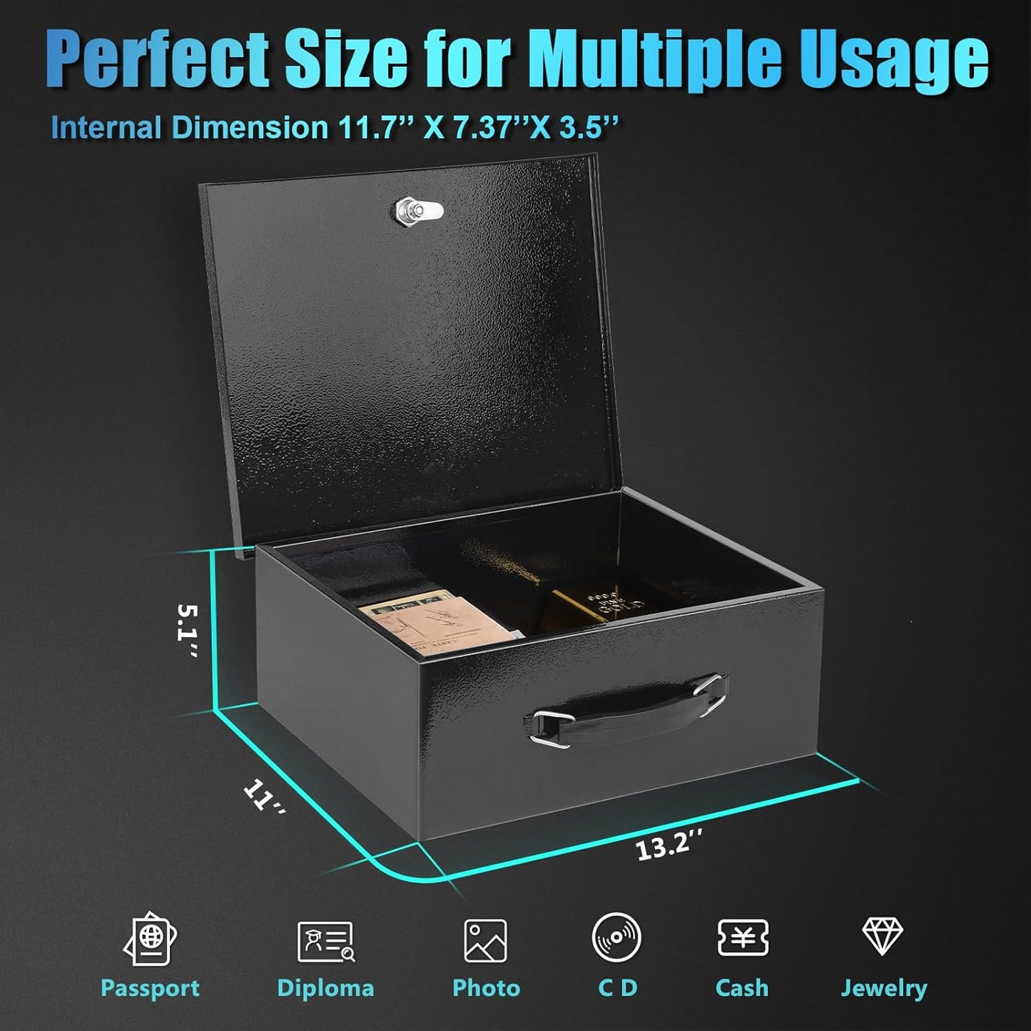 xydled Fire Resistant Safe Fire Safe Box with Key Lock for Home Office Security Storage for Valuables Documents,13.2"x 11"x 5.1" Inch,Black