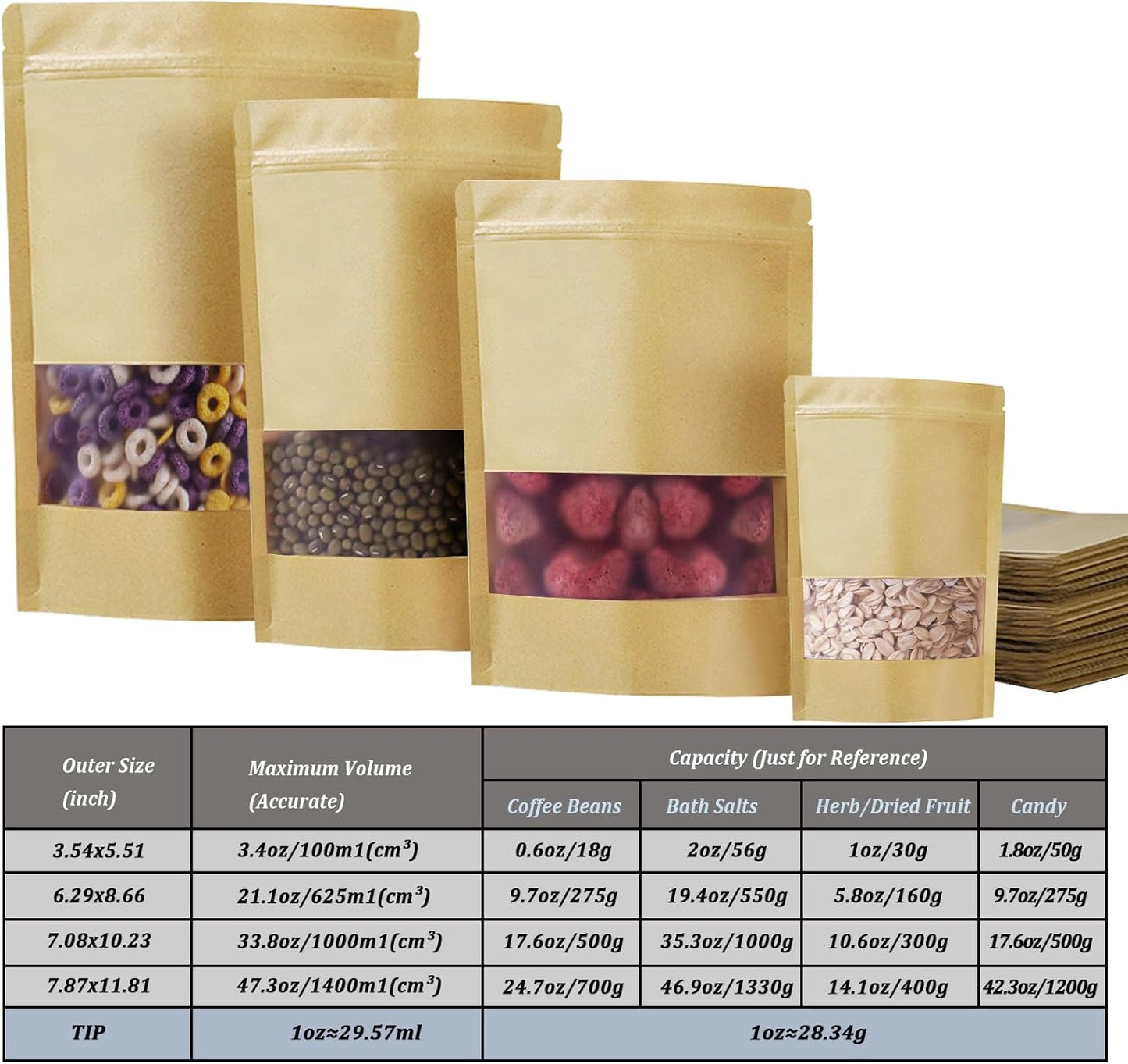100 PCS Resealable Bags, Stand Up Kraft Paper Bags with Matte Window, Zipper Lock Food Storage Bags for Small Business and Home, 7.08 * 10.23 Inches Reusable Sealable Bags for Packaging