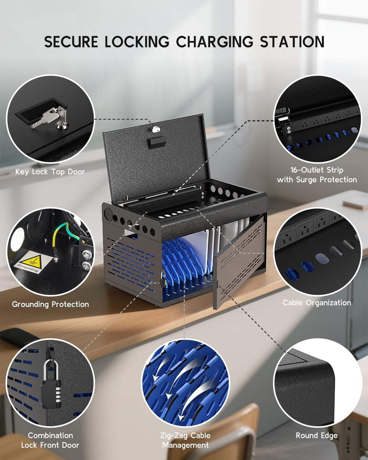 16-Device Charging Station for Chromebooks & Tablets - Laptops Storage and Charging Station with Lockable & Removable Door, Cable Management, and Charger Organization