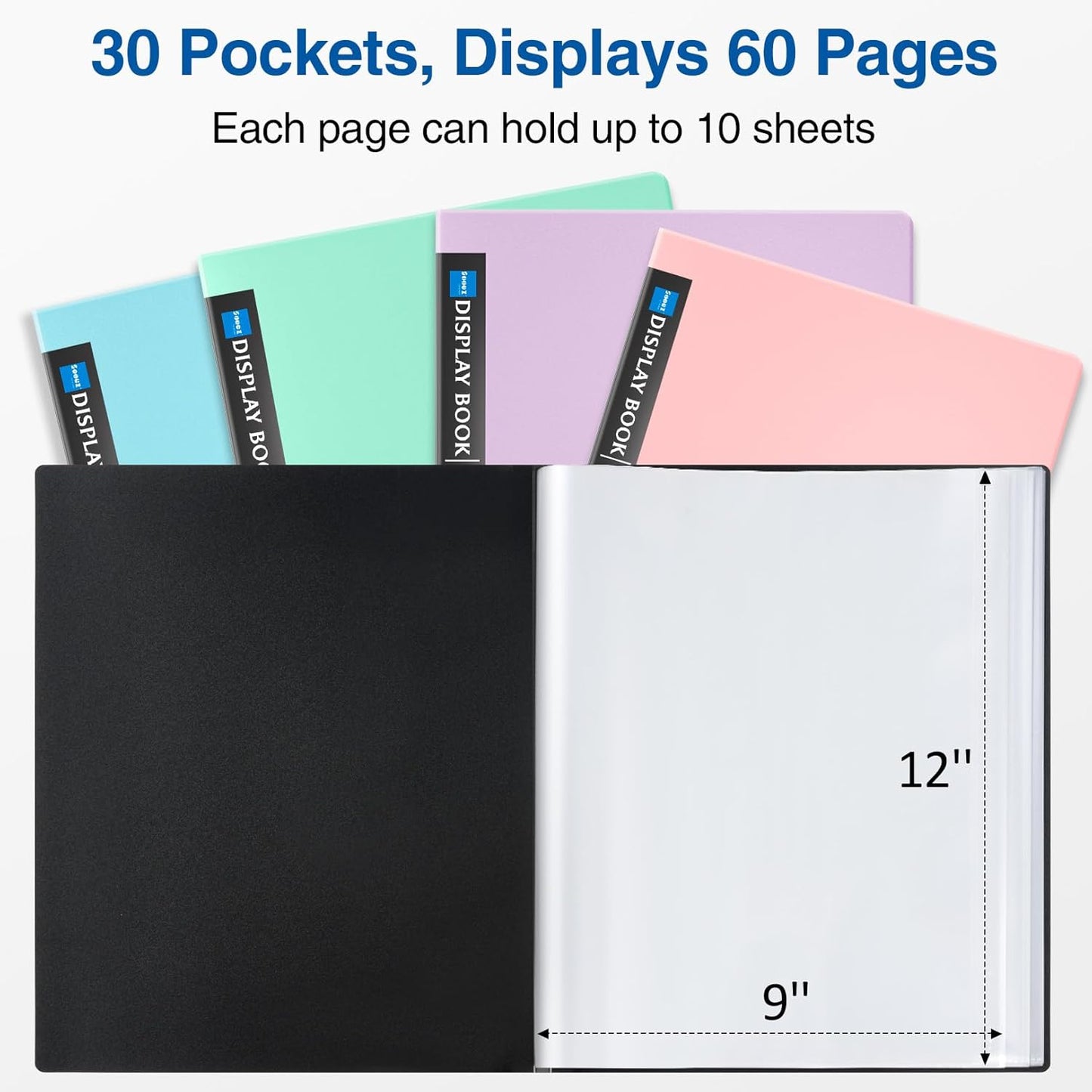 Sooez Art Portfolio 9x12, 30 Pockets with 30 Black Paper, Binder with Plastic Sleeves, Display 60 Pages, Presentation Book for Artwork, Folders Binder for Office School