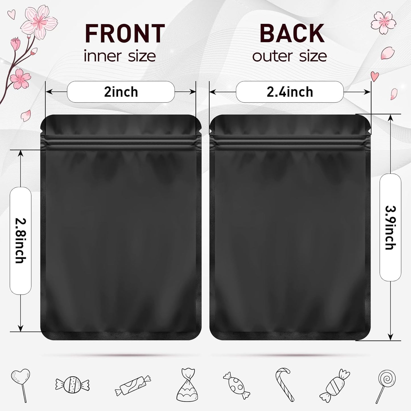 Funfery 100 Pack Black Mylar Packaging Bags Resealable Bags Double Sided Color Odor Proof Pouch Baggies Smell Proof Foil Bag for Food Storage,Small Business(Black,2.4x3.9inch)
