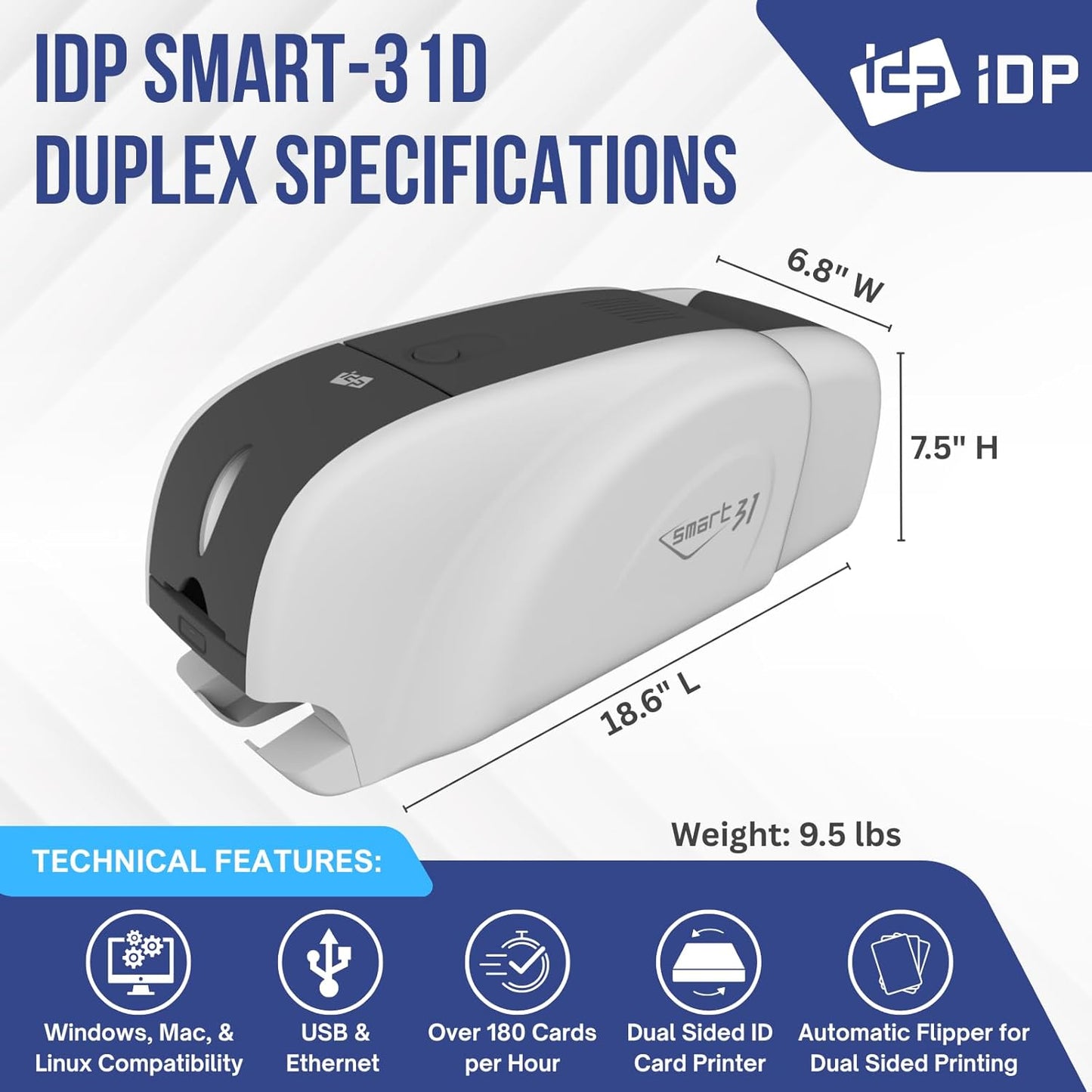 IDP SMART-31 Series ID Card Duplex Printer Kit with Software, Manual and Guides - Includes 250-Print YMCKO Color Ribbon and 100 PVC Plastic Cards - Now with SMARTMark Security