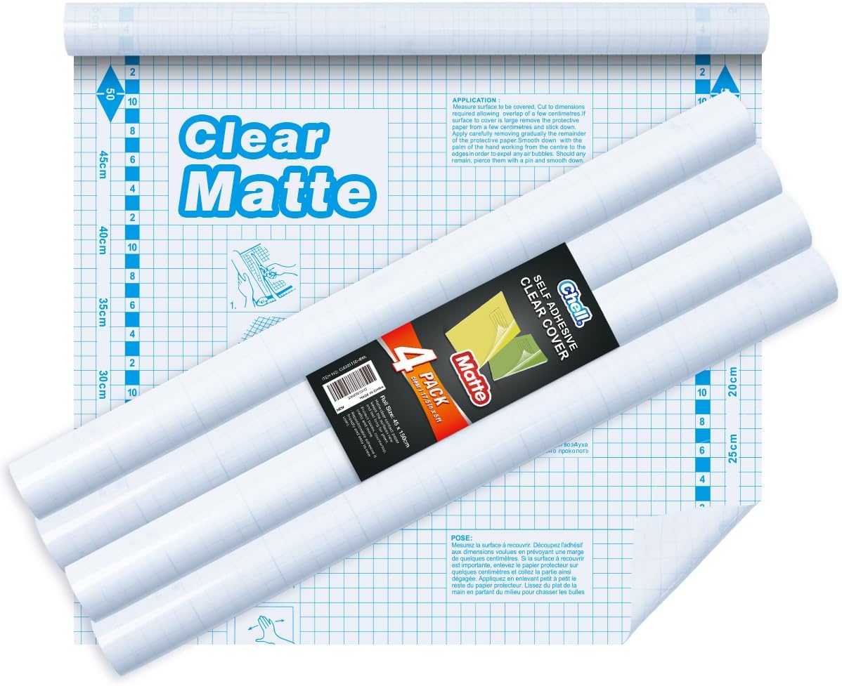 Chell 4 Pack Matte Clear Contact Paper Roll for Books, Crafts and Countertops, Self Adhesive Book Cover, 17.5 in x 5 ft