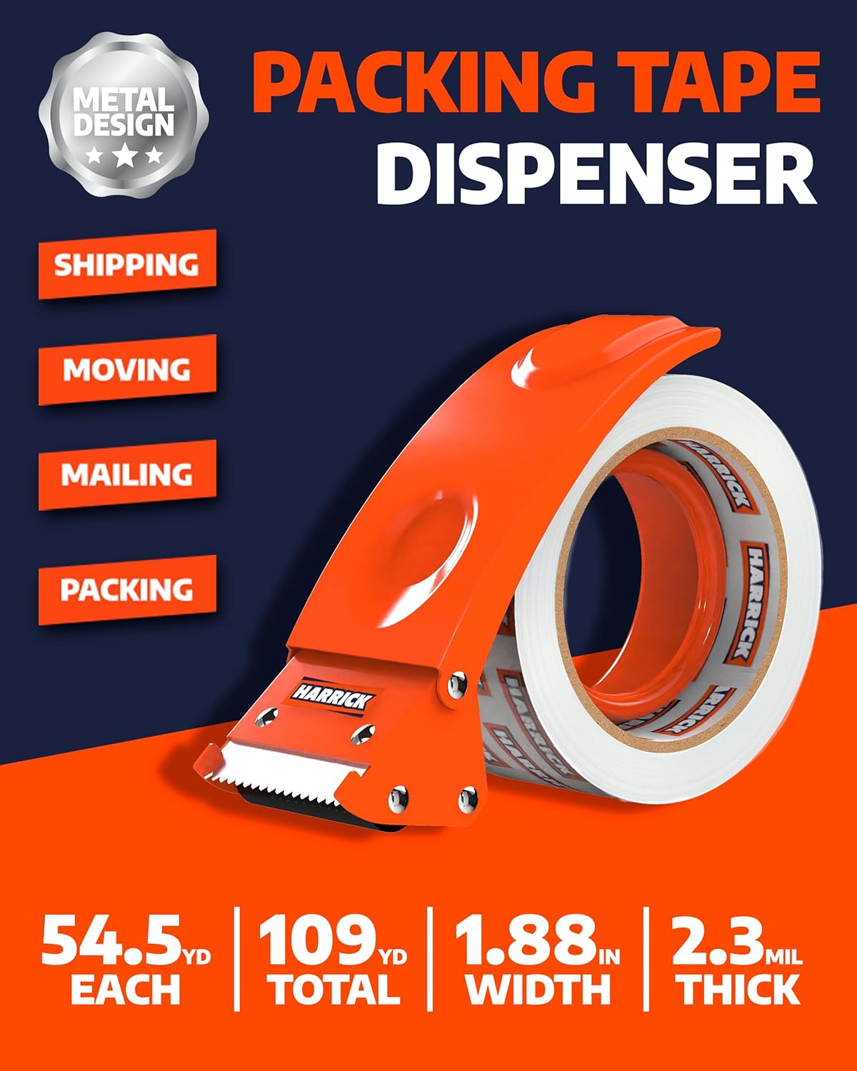 Clear Packing Tape with Dispenser 1.88 inch - Metal Strong & Durable Heavy Duty Packing Tape with Dispenser - Strong Strapping Tape with Dispenser Easy Tear & Seal - 2 Rolls / 1 Dispenser / 109 Yards