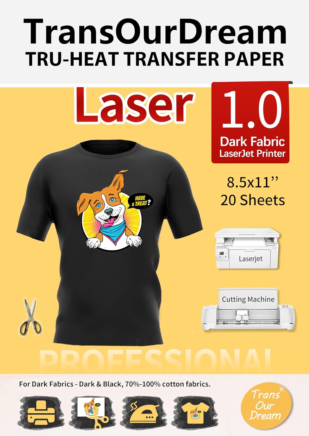 TransOurDream Tru-Heat Transfer Paper for Laserjet Printer (20 Sheets 8.5x11, 1.0) Printable HTV Heat Transfer Vinyl for T Shirts Iron on Transfers for Dark Fabrics (TRANS-LAS1-D-20)